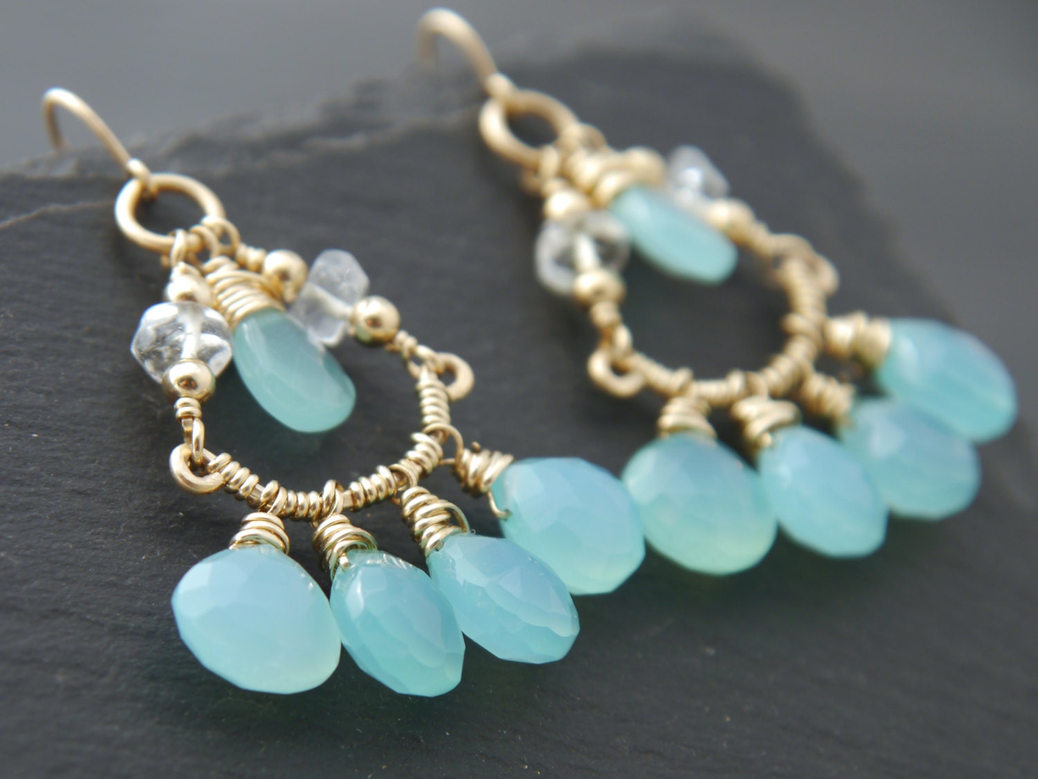 Aqua Chalcedony Heart Chandelier Gemstone Earrings, 14K Gold Filled Something Blue