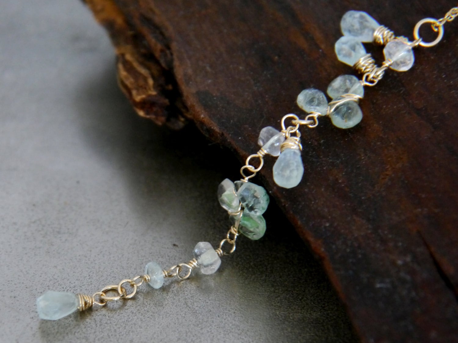 Aquamarine Waterfall Lariat Y Gemstone Necklace, 14K Gold Filled, Bridal