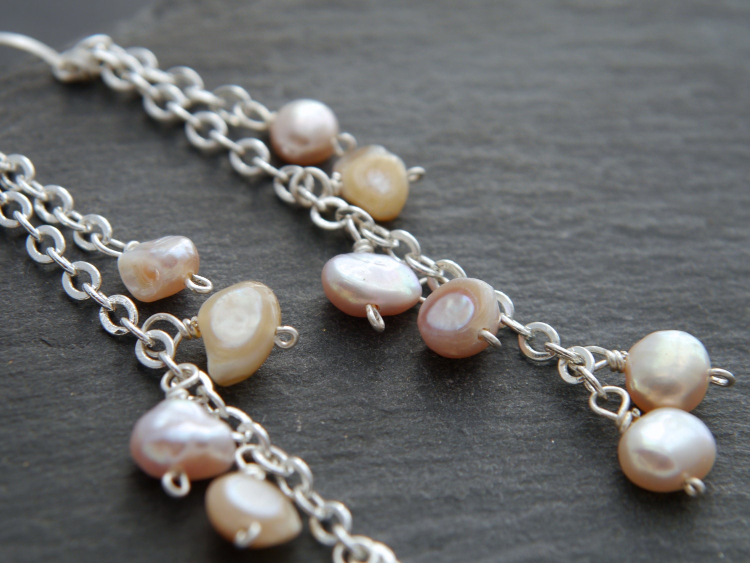 Freshwater Pink Pearl Blossoming Floral Long Dangle Gemstone Earrings, Sterling Silver, Bridal