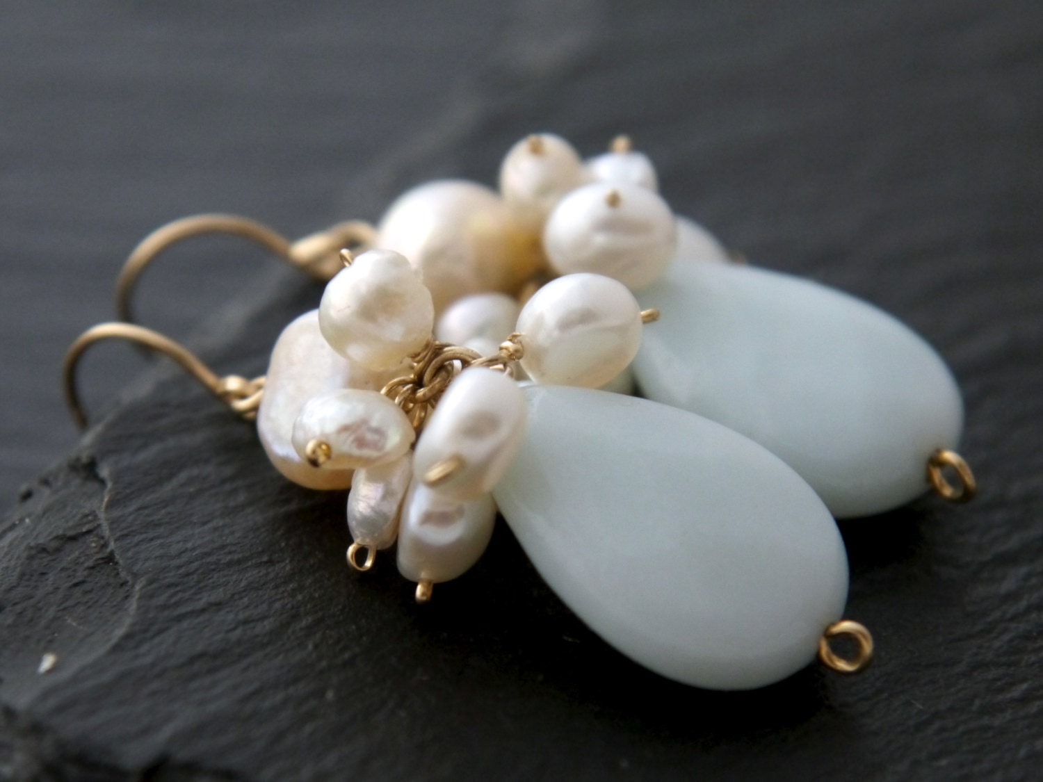 Amazonite Pearl Teardrop Earrings, 14K Gold Filled Dangle, Garden Wedding Jewelry