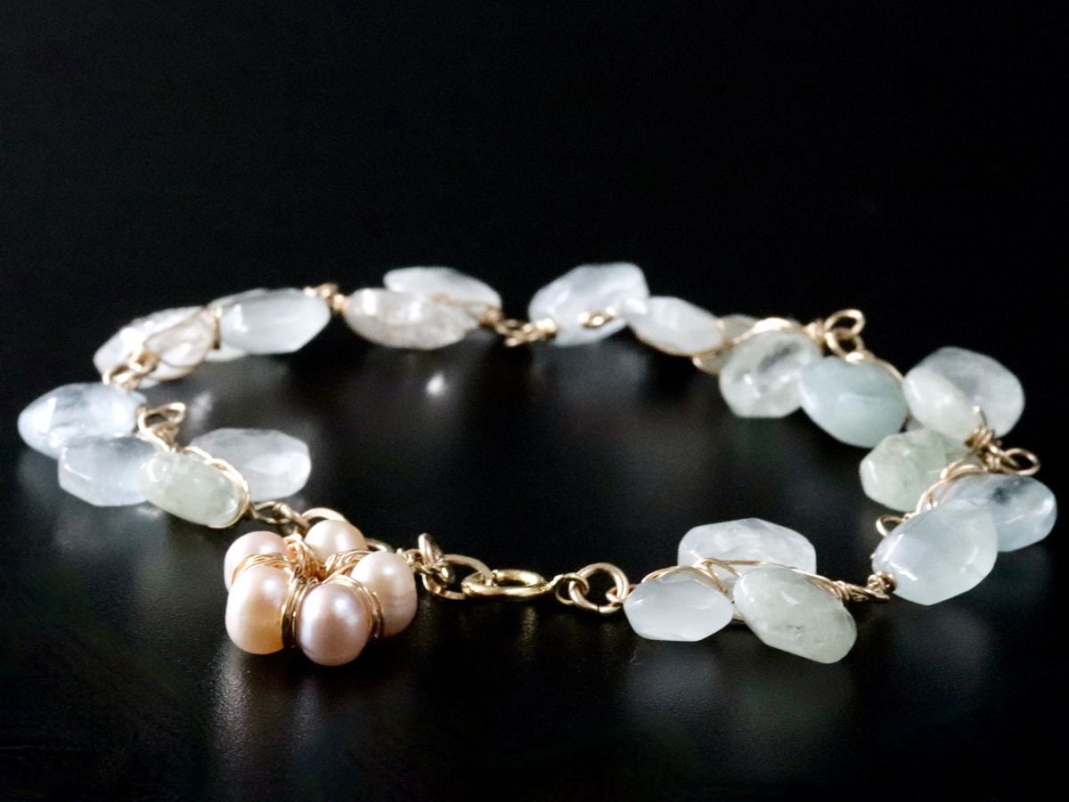 14K Gold Filled Aquamarine Pearl Gemstone Bracelet, March Birthstone Bridal Jewelry