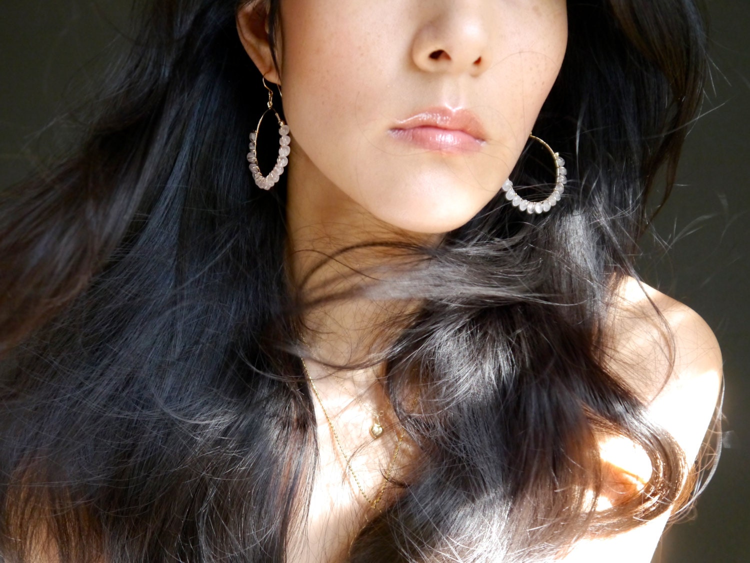 Rose Quartz Hoop Dangle Gemstone Earrings, 14K Gold Filled Jewelry Boho