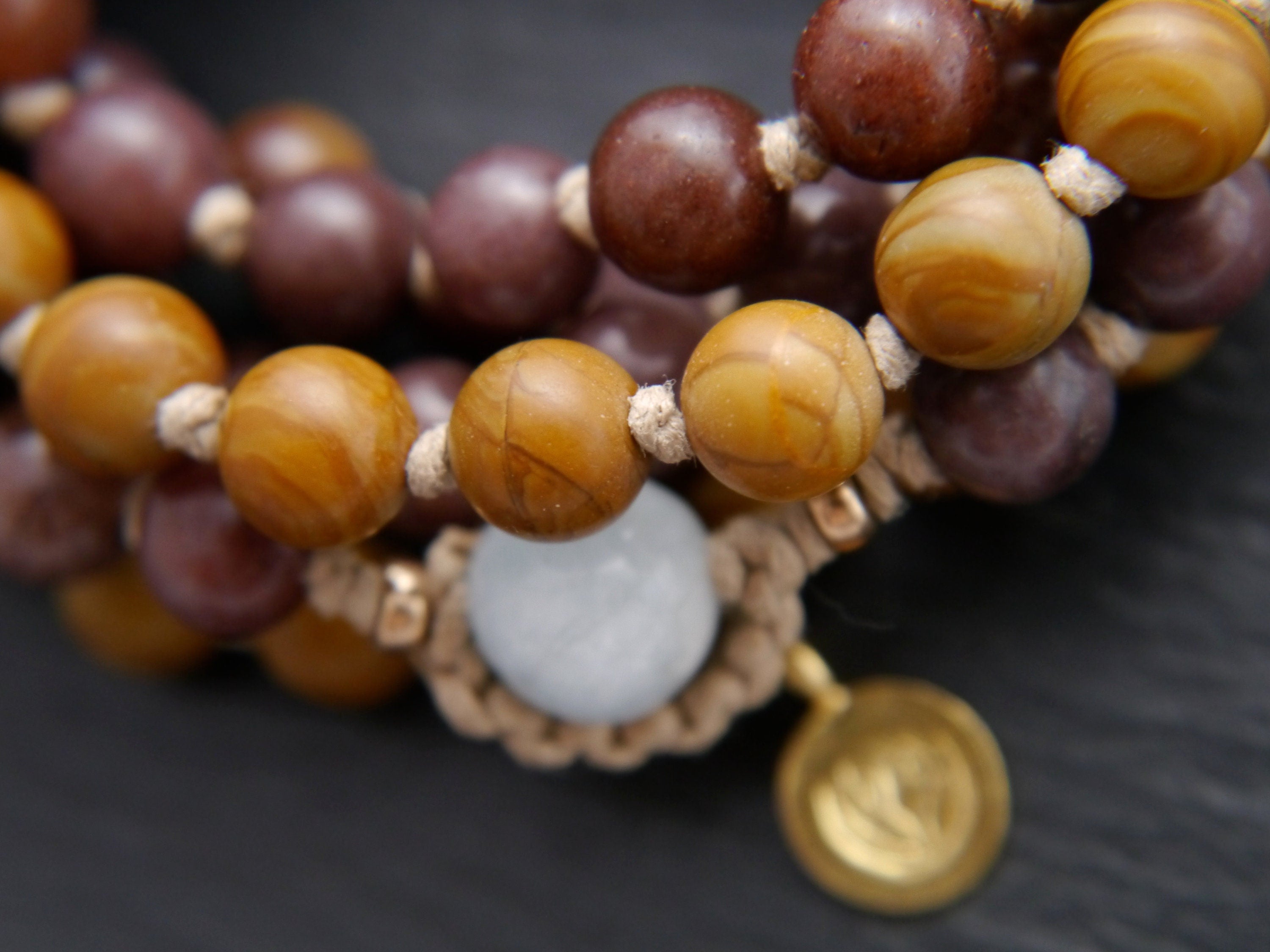 Brown Tigerskin Jasper Purple Aventurine Mala Beads, 108 Gemstone , Hand Knotted