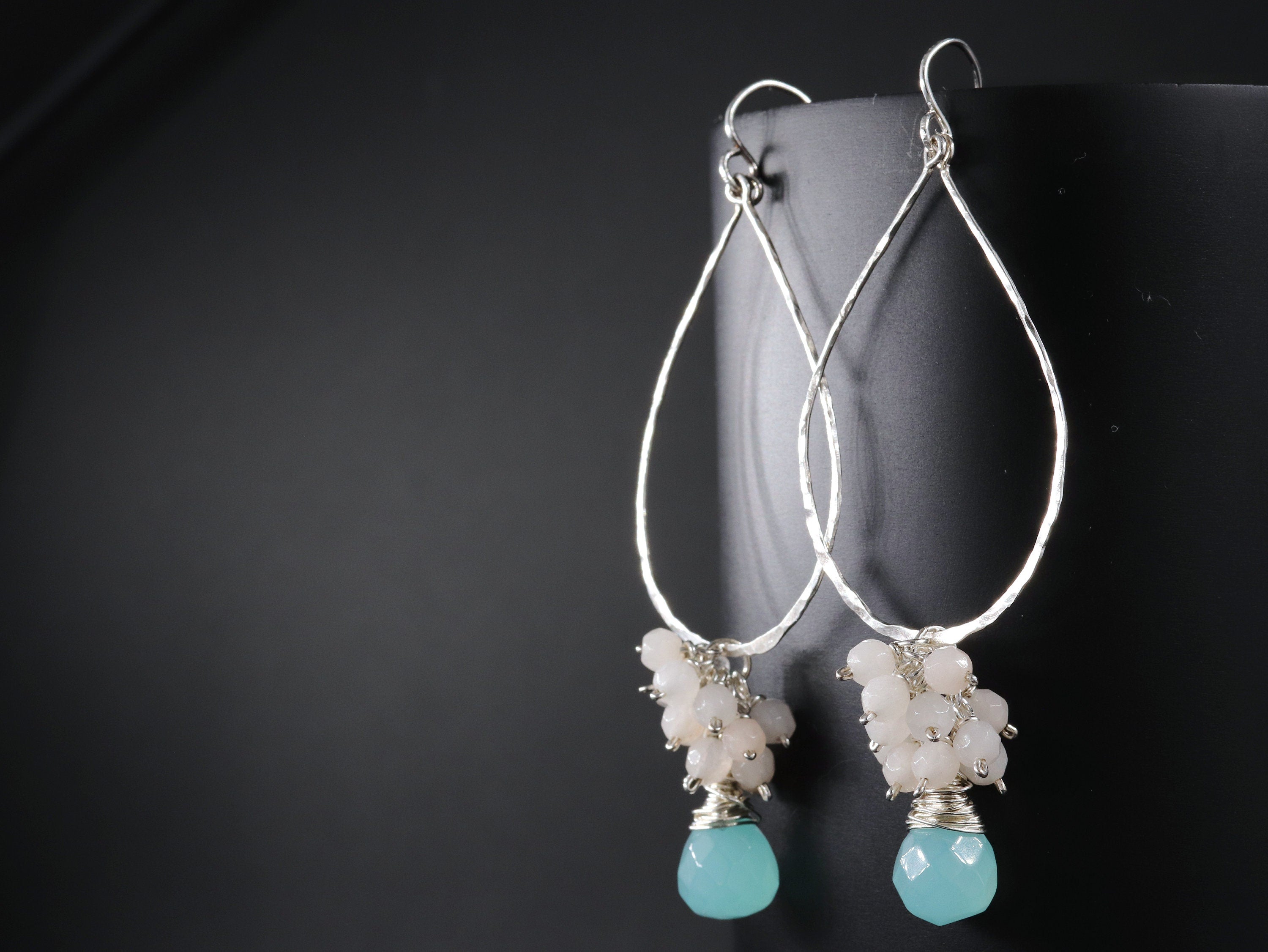 Aqua Chalcedony Rose Quartz Floral Hoop Gemstone Earrings, Sterling Silver, Garden Wedding