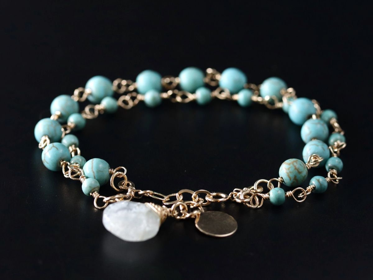 Turquoise Magnesite Aquamarine Layering Gemstone Bracelet – 14K Gold Filled Chain, March Birthstone
