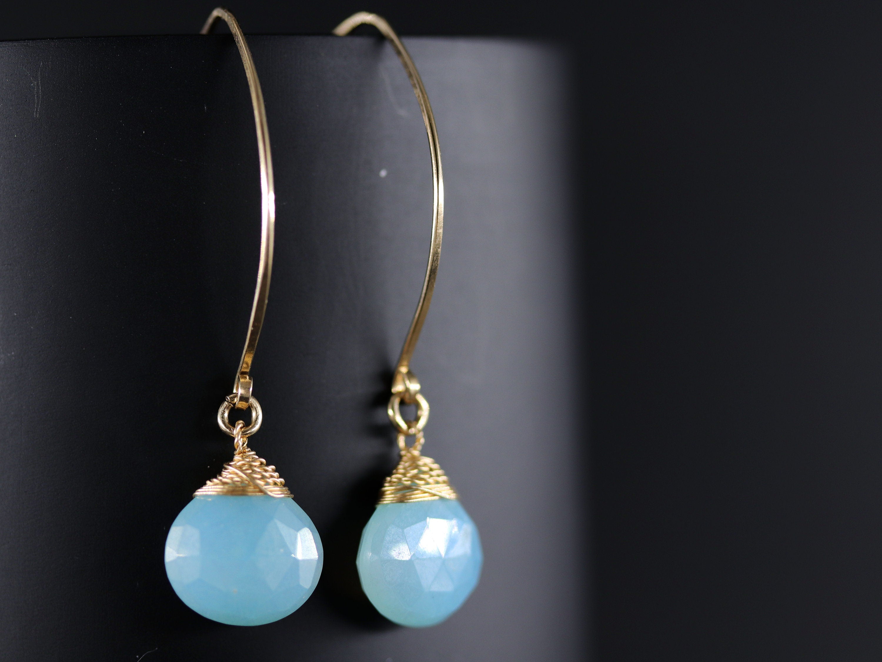 Aqua Chalcedony Heart Briolette Gemstone Earrings, 14K Gold Filled Romantic Gift