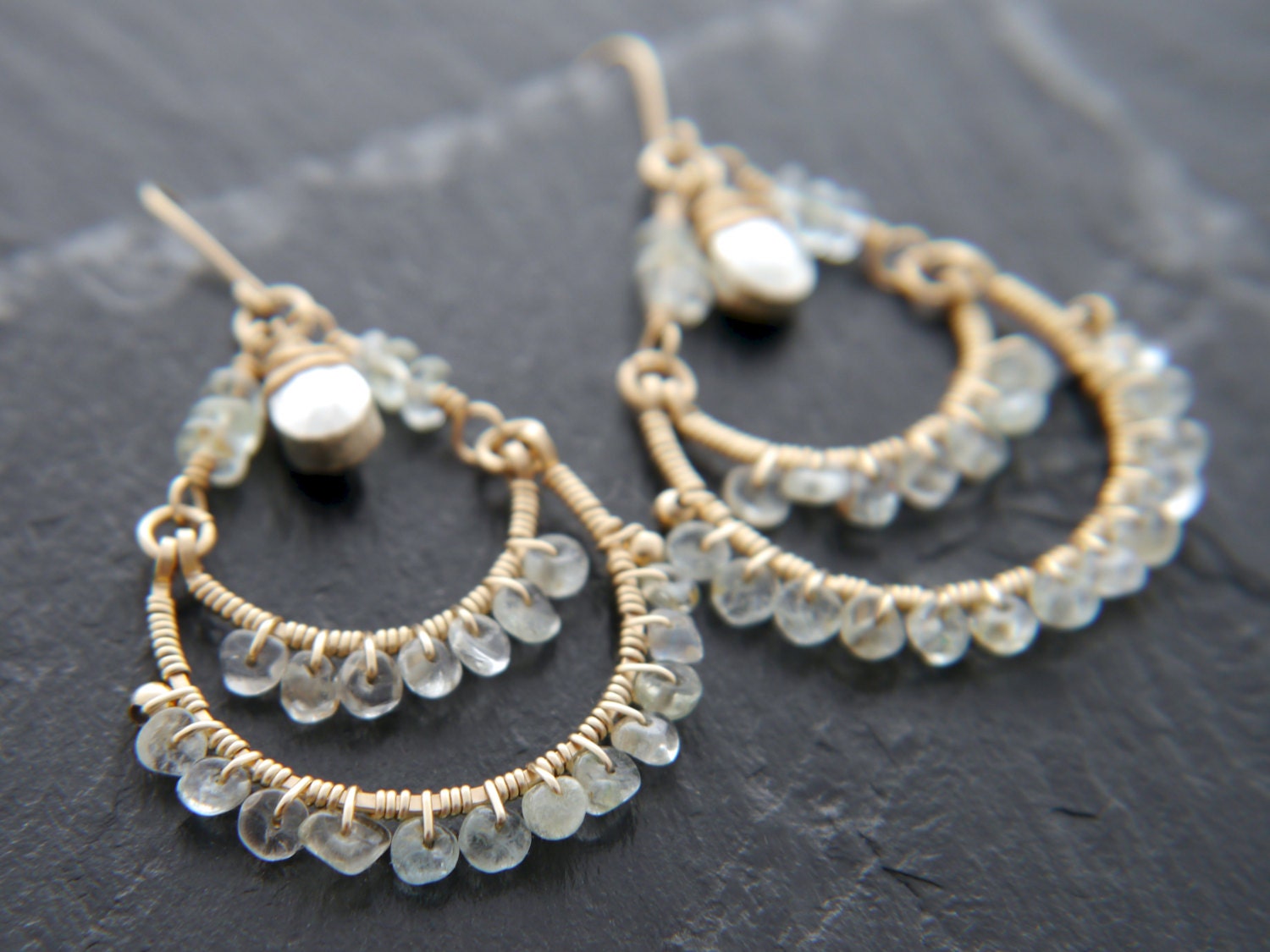 Aquamarine Pyrite Tiered Chandelier Gemstone Earrings, 14K Gold Filled Bohemian Style