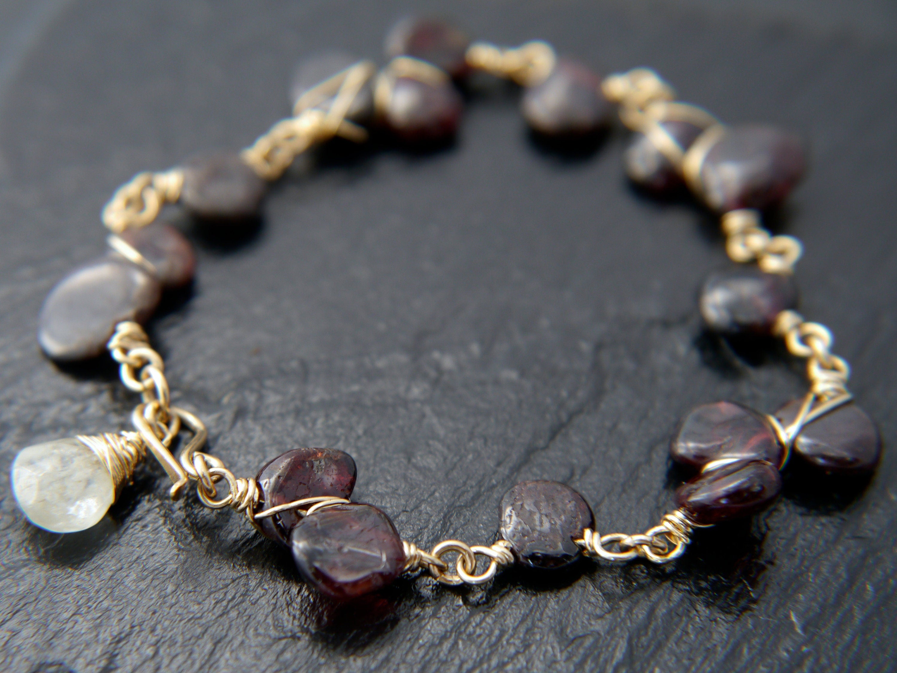 Garnet Aquamarine Gemstone Bracelet, 14K Gold Filled Jewelry, January March Birthstone