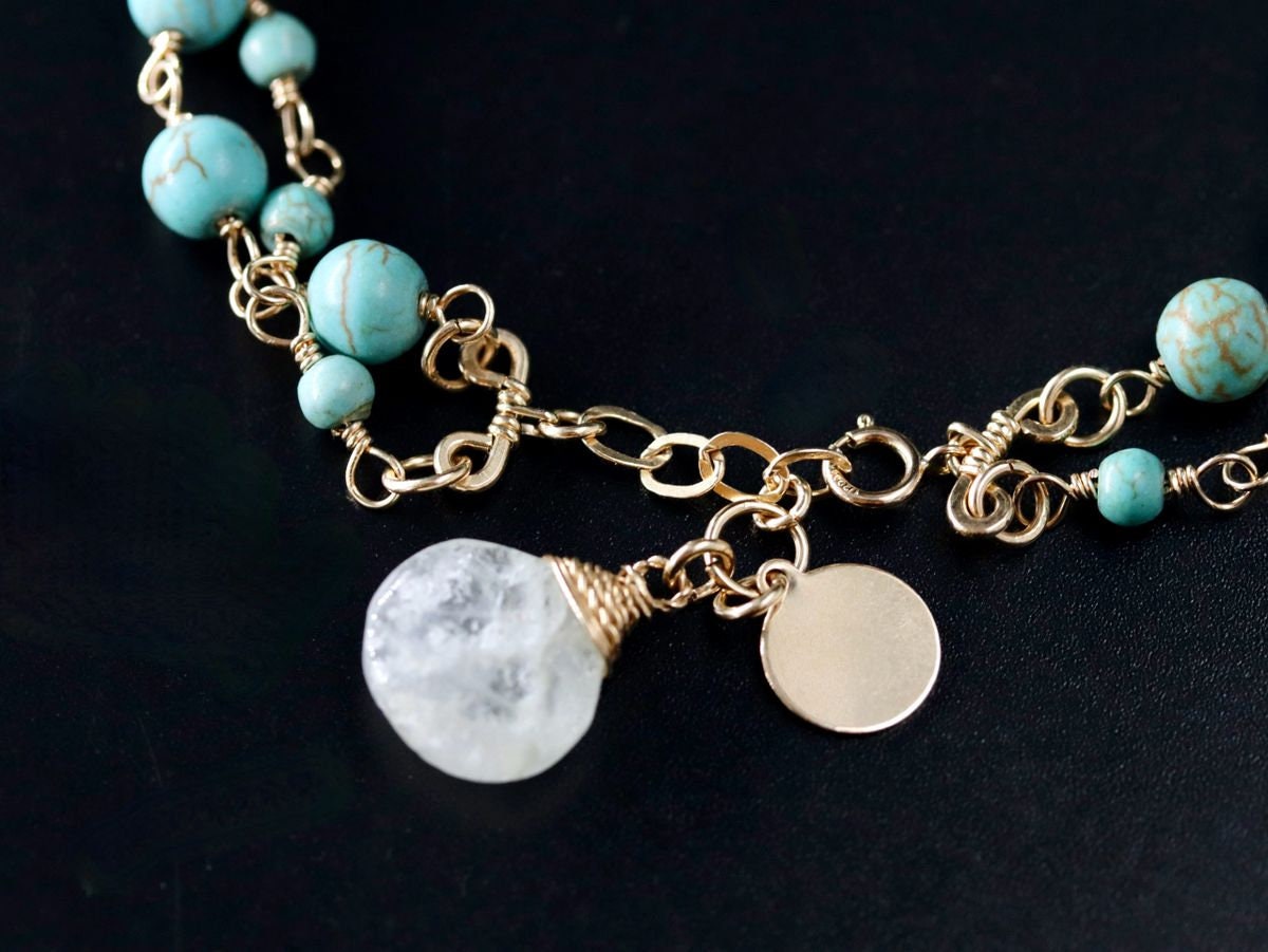 Turquoise Magnesite Aquamarine Layering Gemstone Bracelet – 14K Gold Filled Chain, March Birthstone