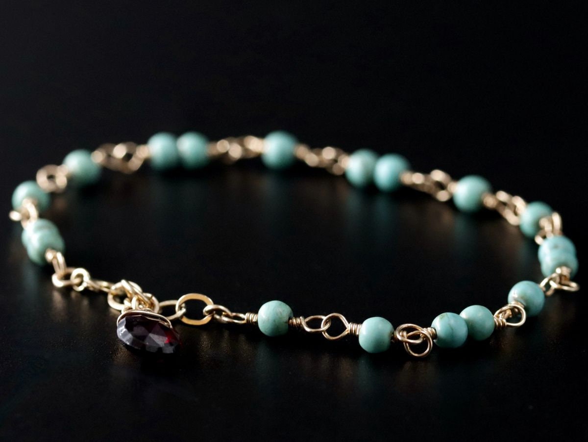 Turquoise Magnesite Garnet Gemstone Bracelet, 14K Gold Filled Rosary Chain Boho Style