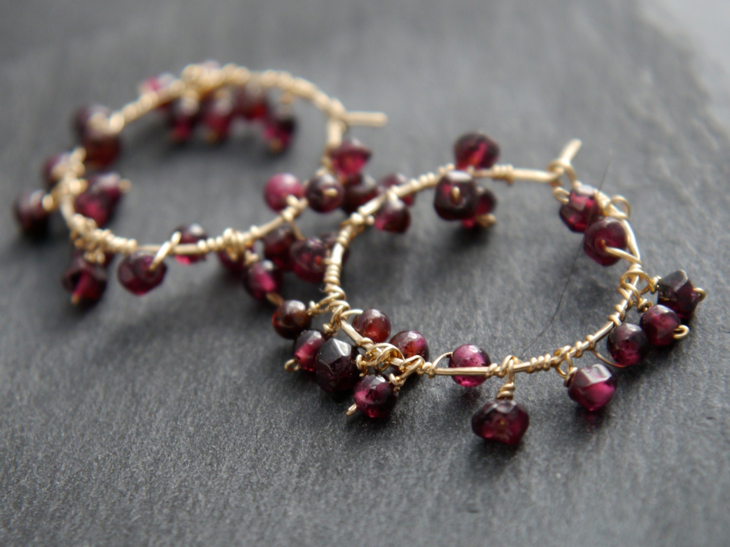 Garnet Hoop Gemstone Earrings, 14K Gold Filled Bohemian Style