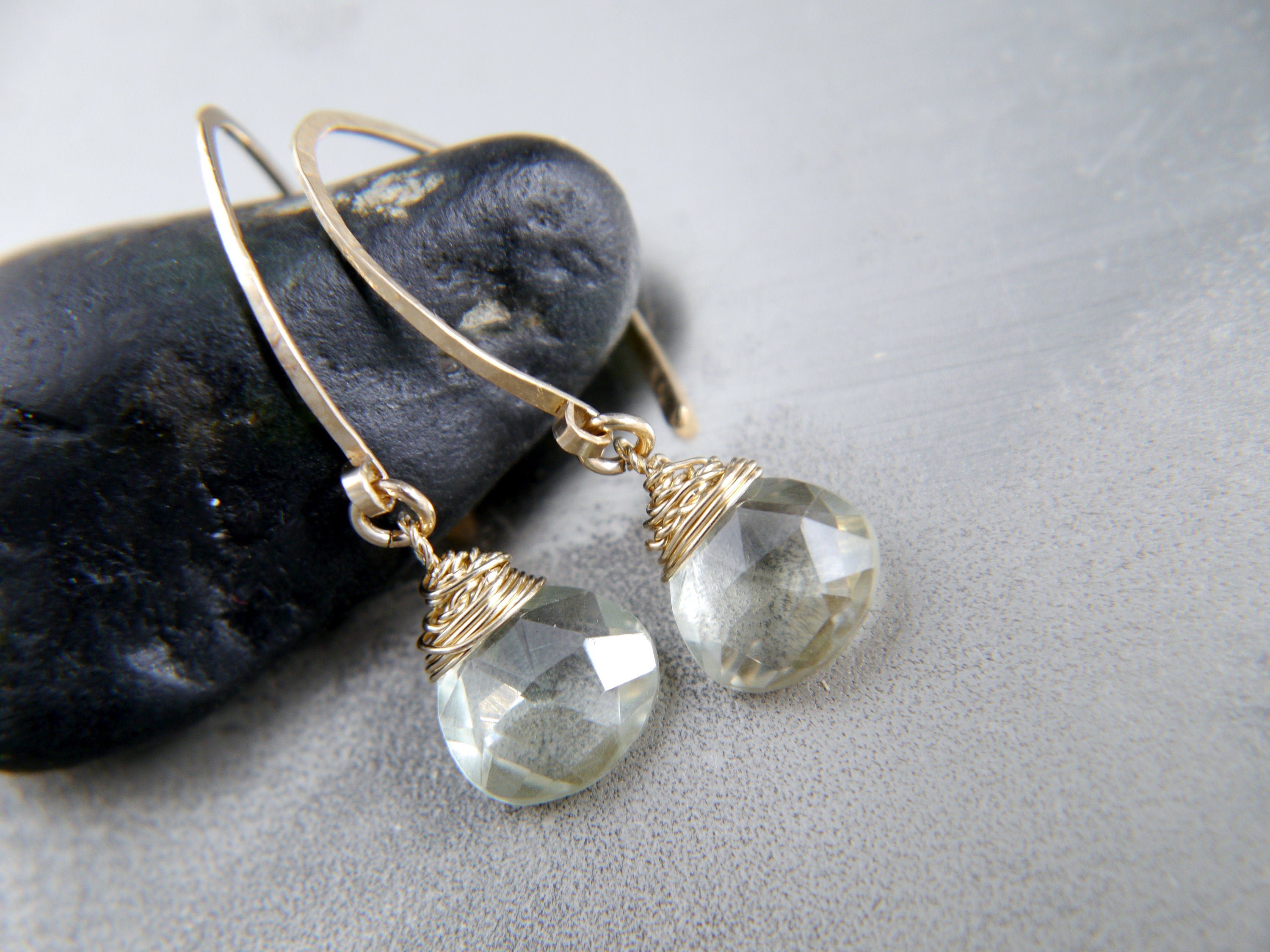 Green Amethyst Long Hoop Gemstone Earrings, 14K Gold Filled Classic Style
