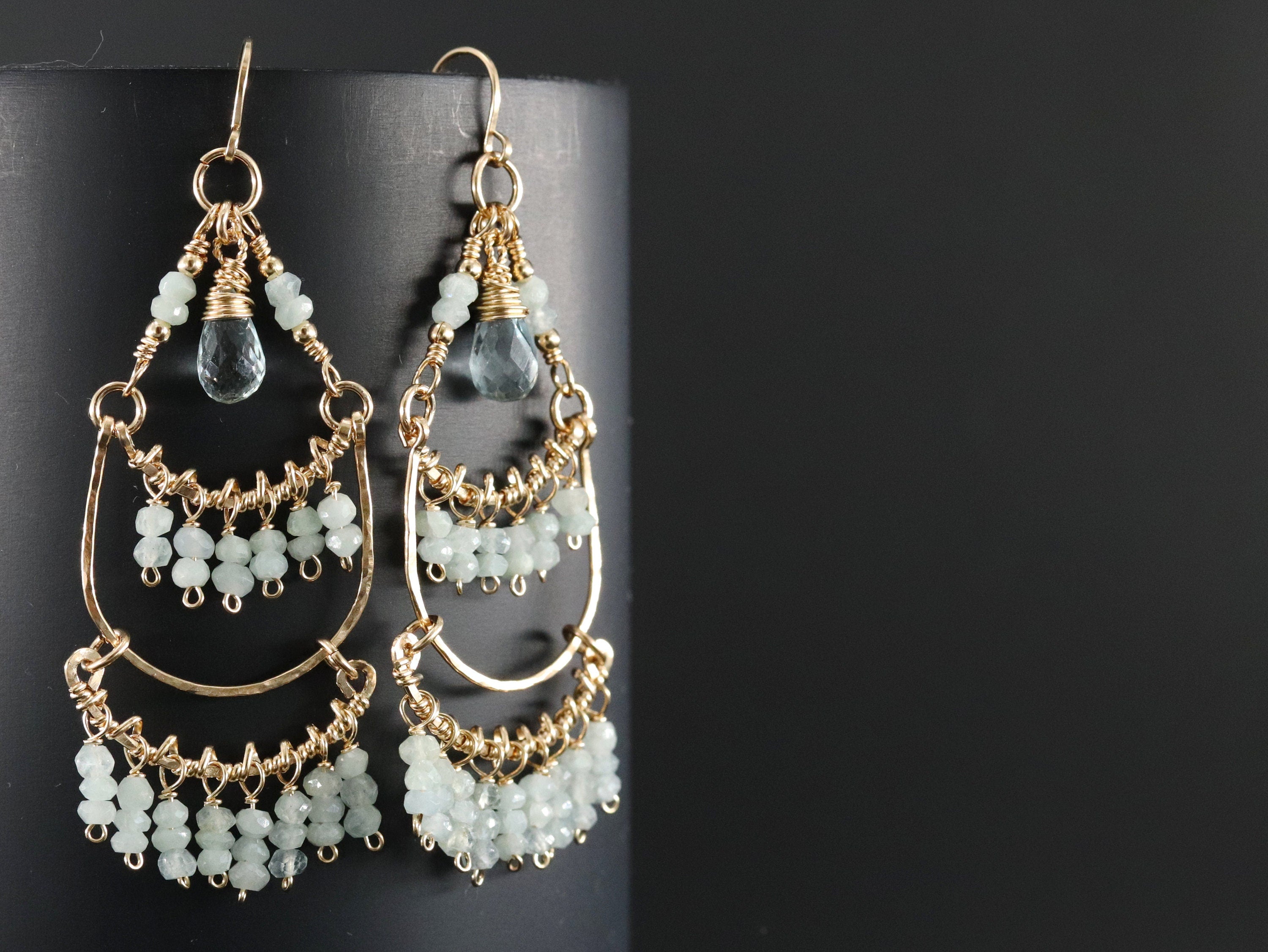 Aquamarine Boho Chandelier Earrings, 14K Gold Filled Fringe Dangle, Wedding Jewelry