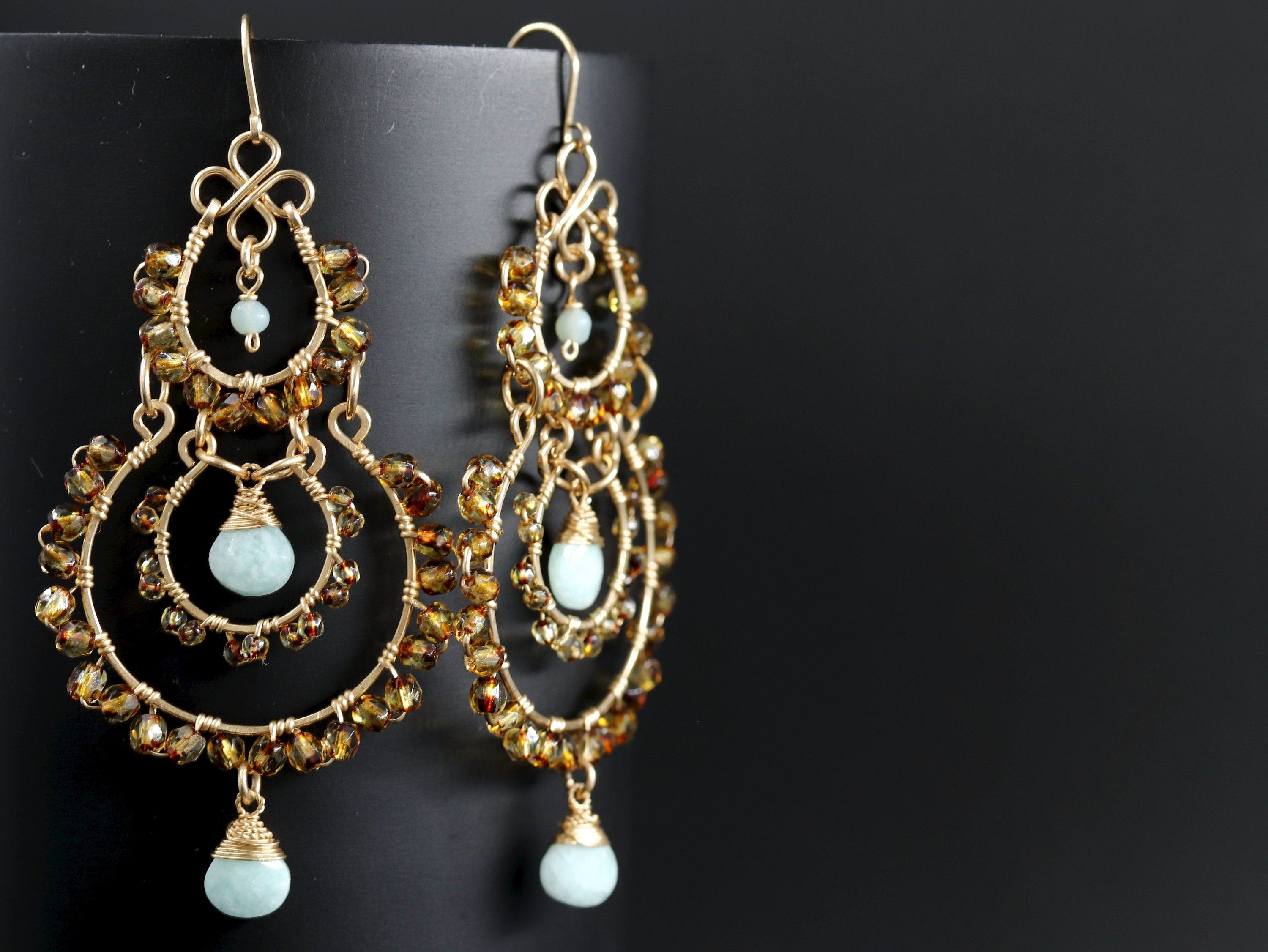 Amazonite Tortoiseshell Chandelier Earrings, 14K Gold Filled Boho Dangle, Earth Tone Jewelry