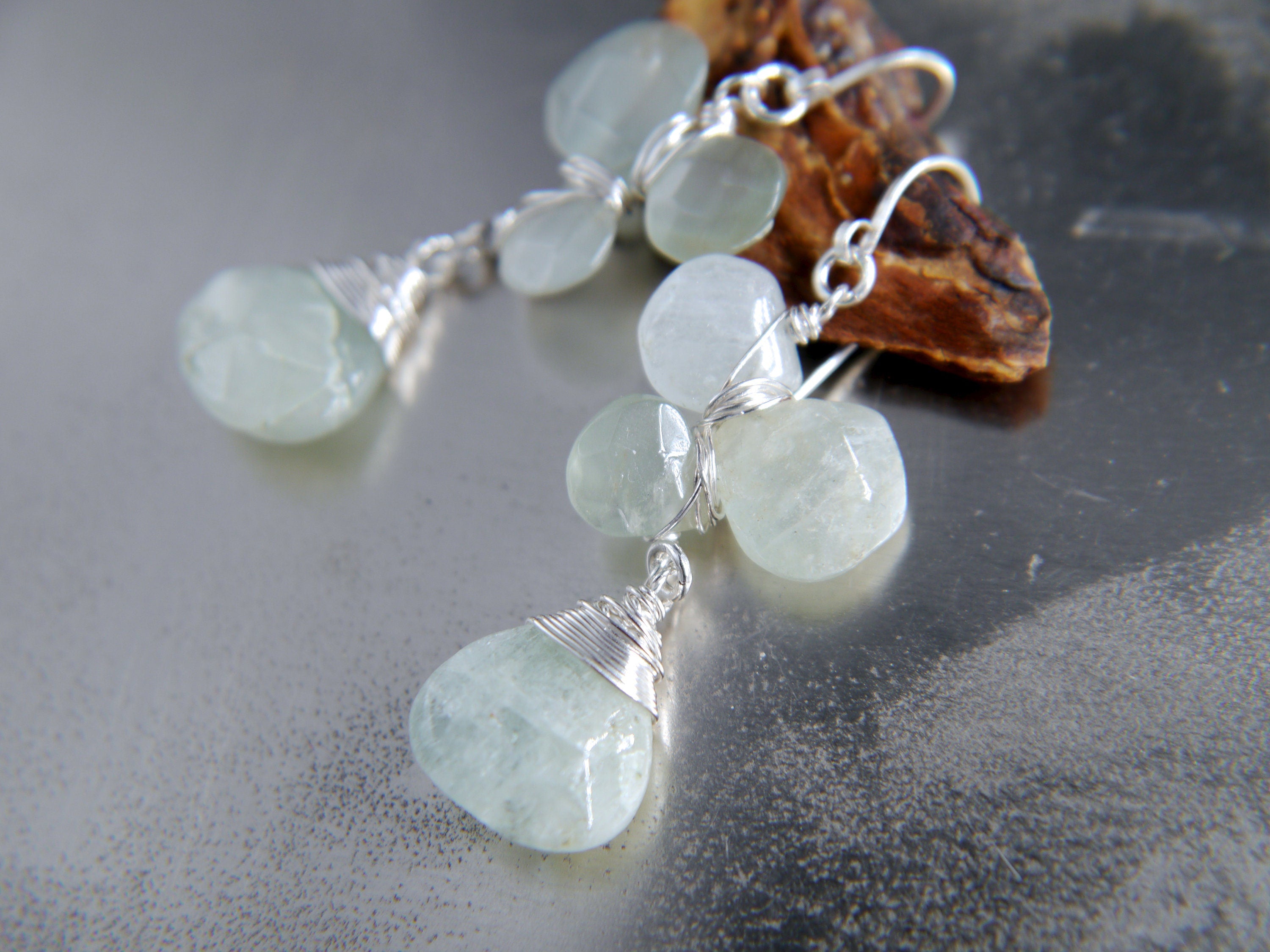 Aquamarine Flower Gemstone Earrings, Sterling Silver Wire Wrapped, Garden Wedding