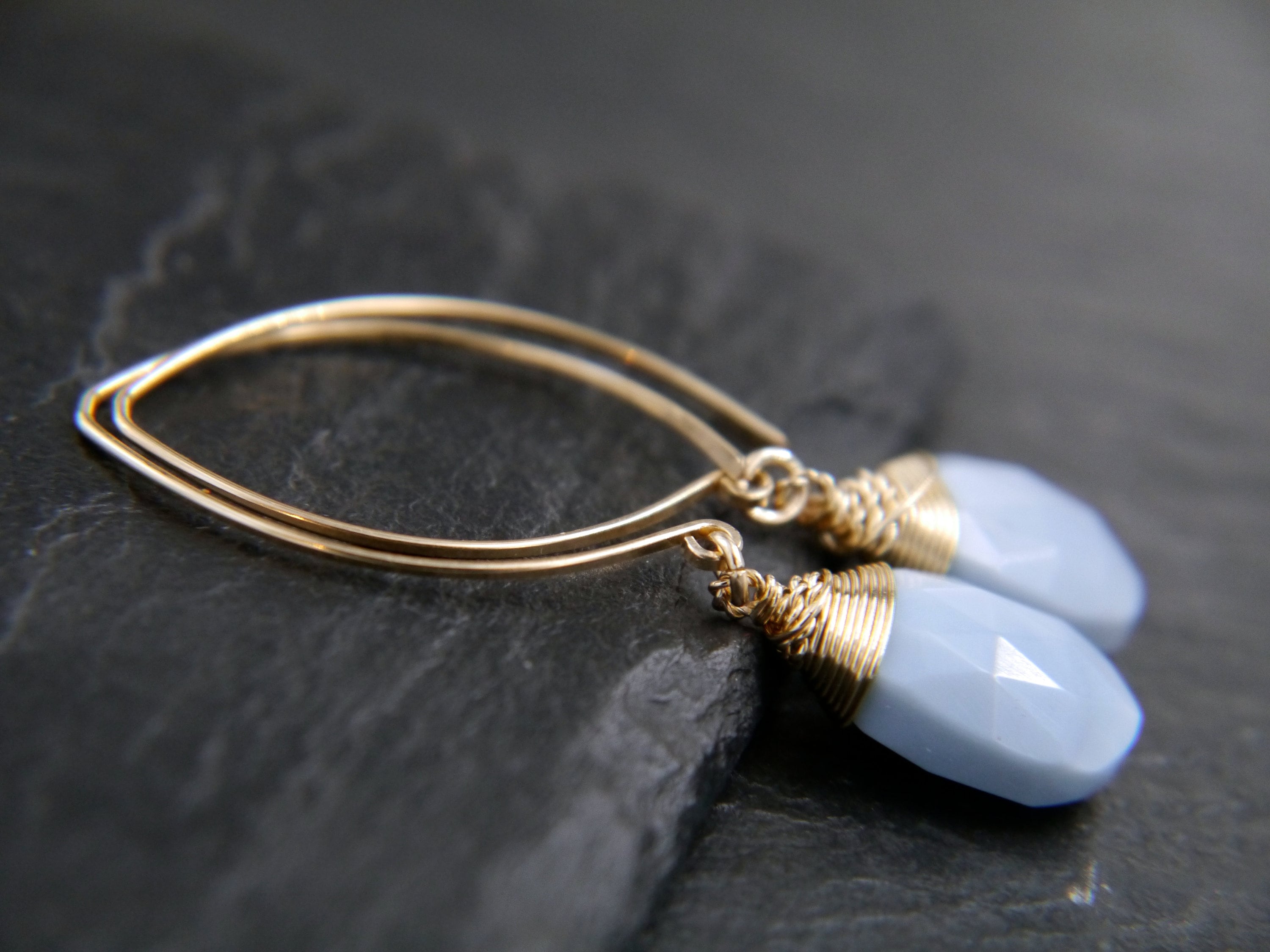Blue Opal Teardrop Long Hoop Gemstone Earrings, 14K Gold Filled Minimalist