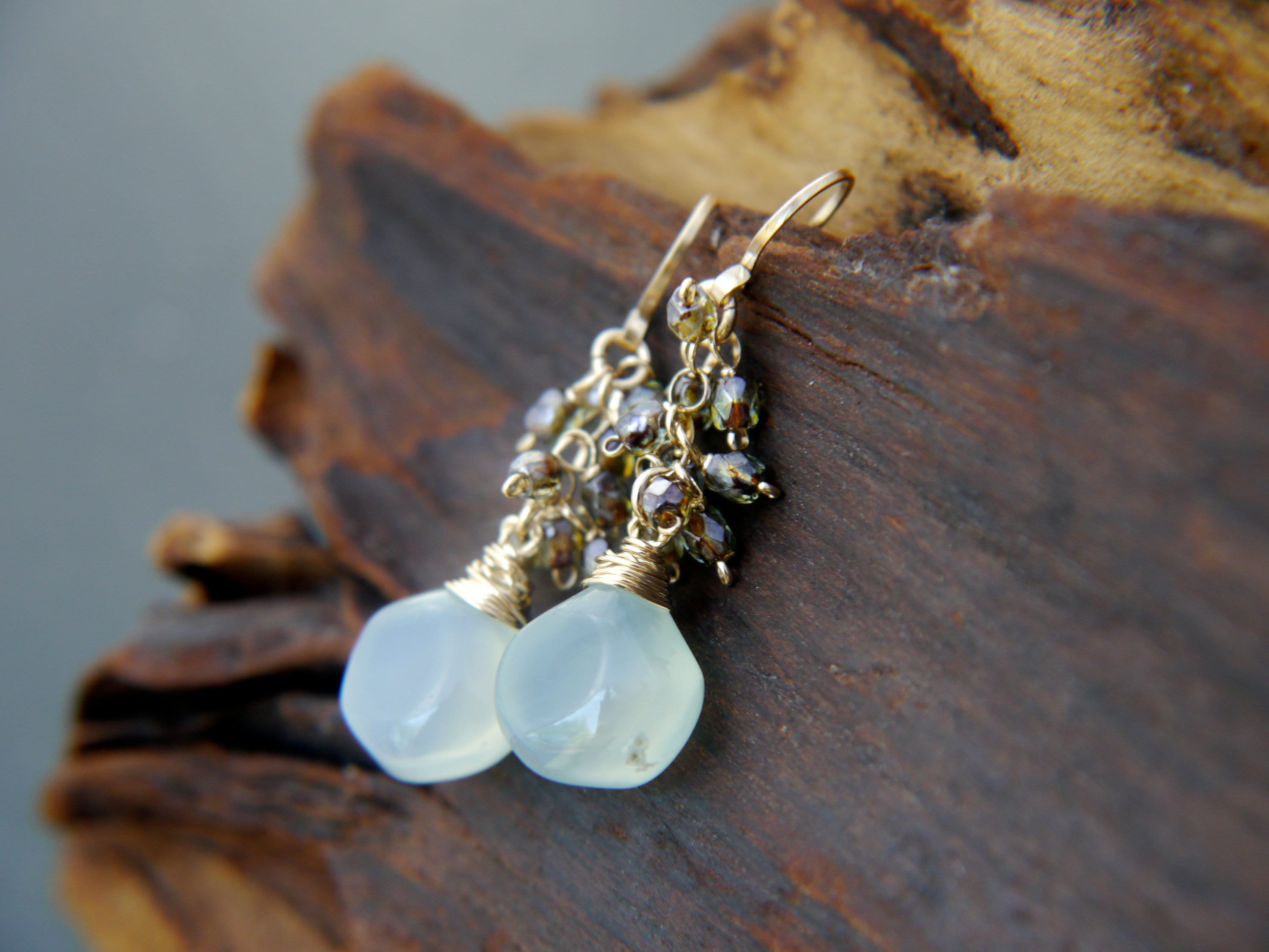 Aqua Chalcedony Cluster Teardrop Gemstone Earrings, 14K Gold Filled Classic Style
