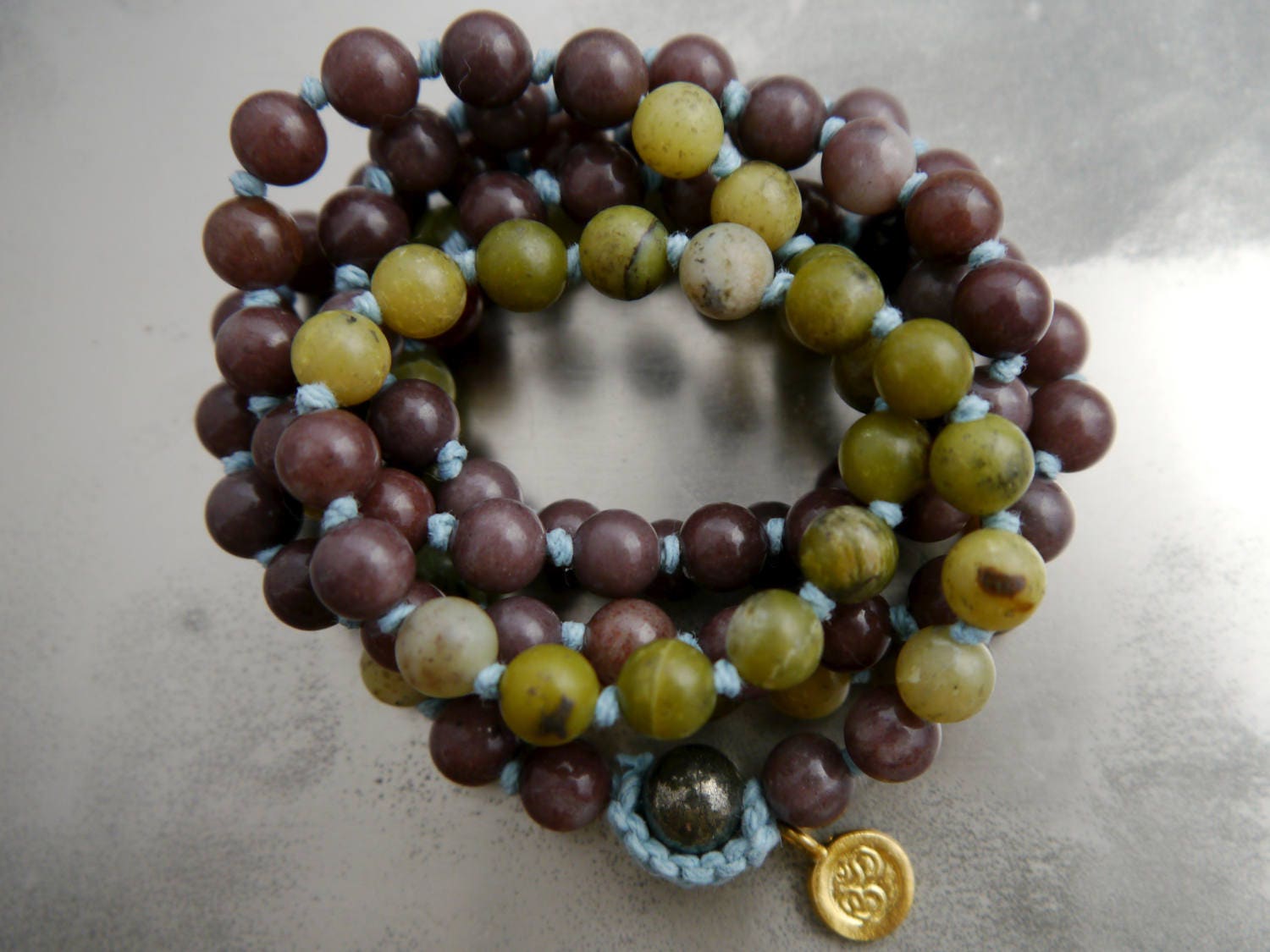 Olive Serpentine Purple Aventurine 108 Mala Beads, Hand-Knotted