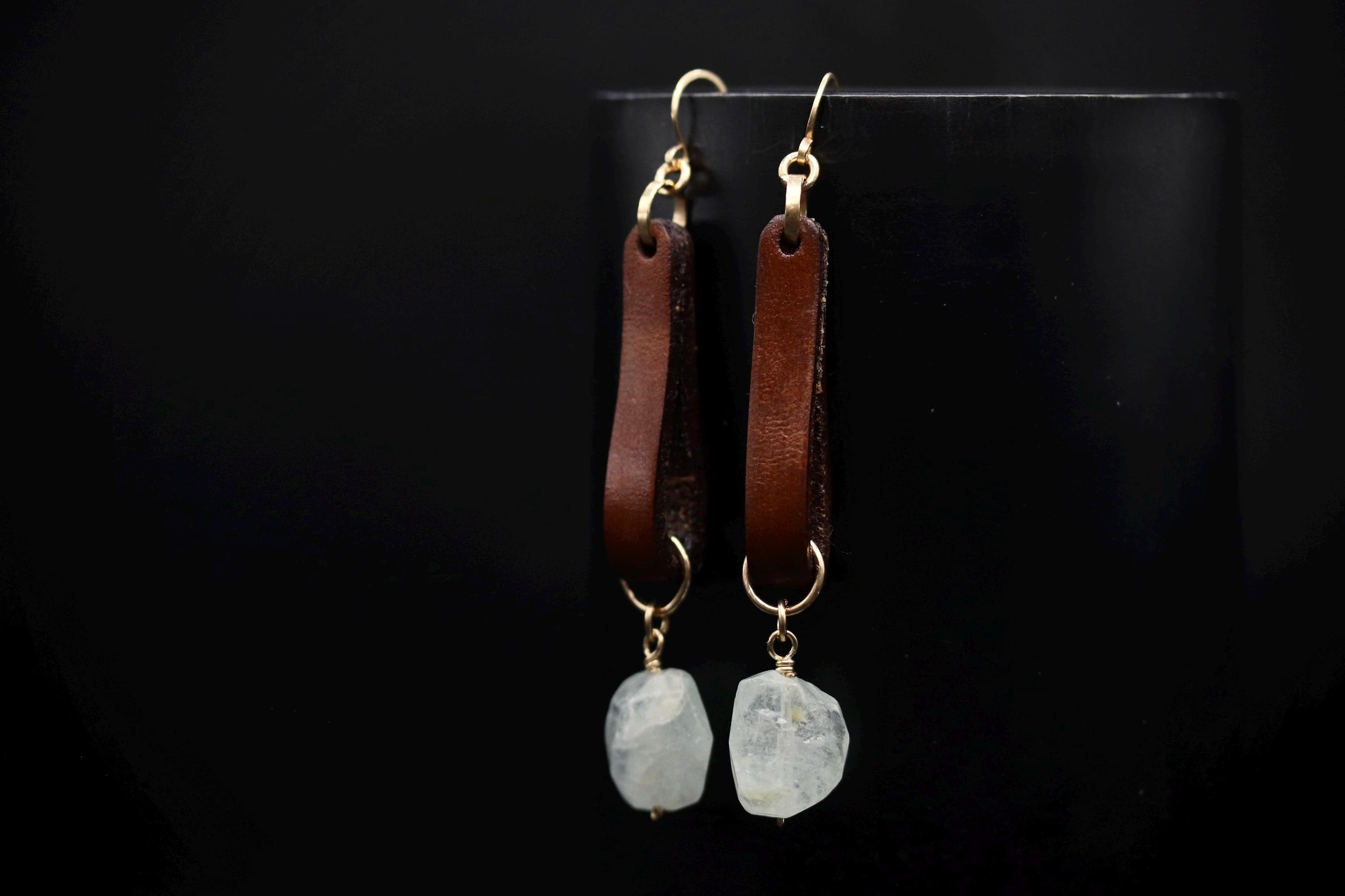 Boho Leather and Raw Cut Aquamarine Dangle Gemstone Earrings, 14K Gold Filled