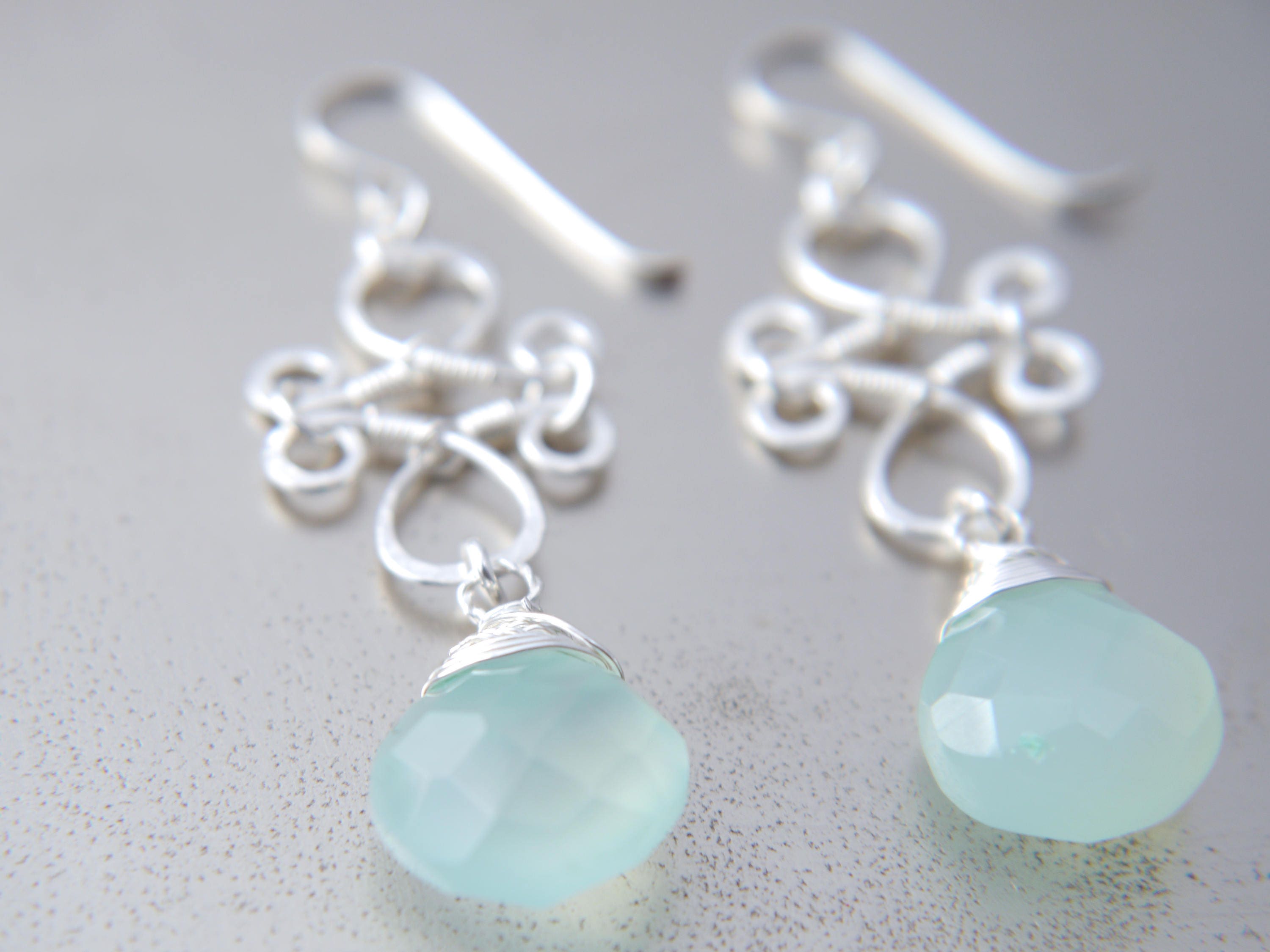Aqua Chalcedony Heart Briolette Chandelier Gemstone Earrings, Sterling Silver