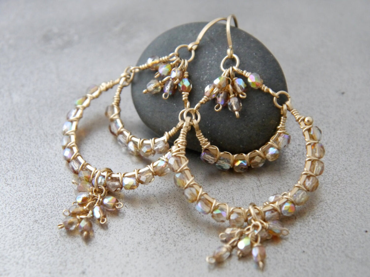 Bridal Chandelier Gold Earrings, 14K Gold Filled Dangle Earrings, Long Earrings, Champagne Czech Glass, Garden Wedding Earrings