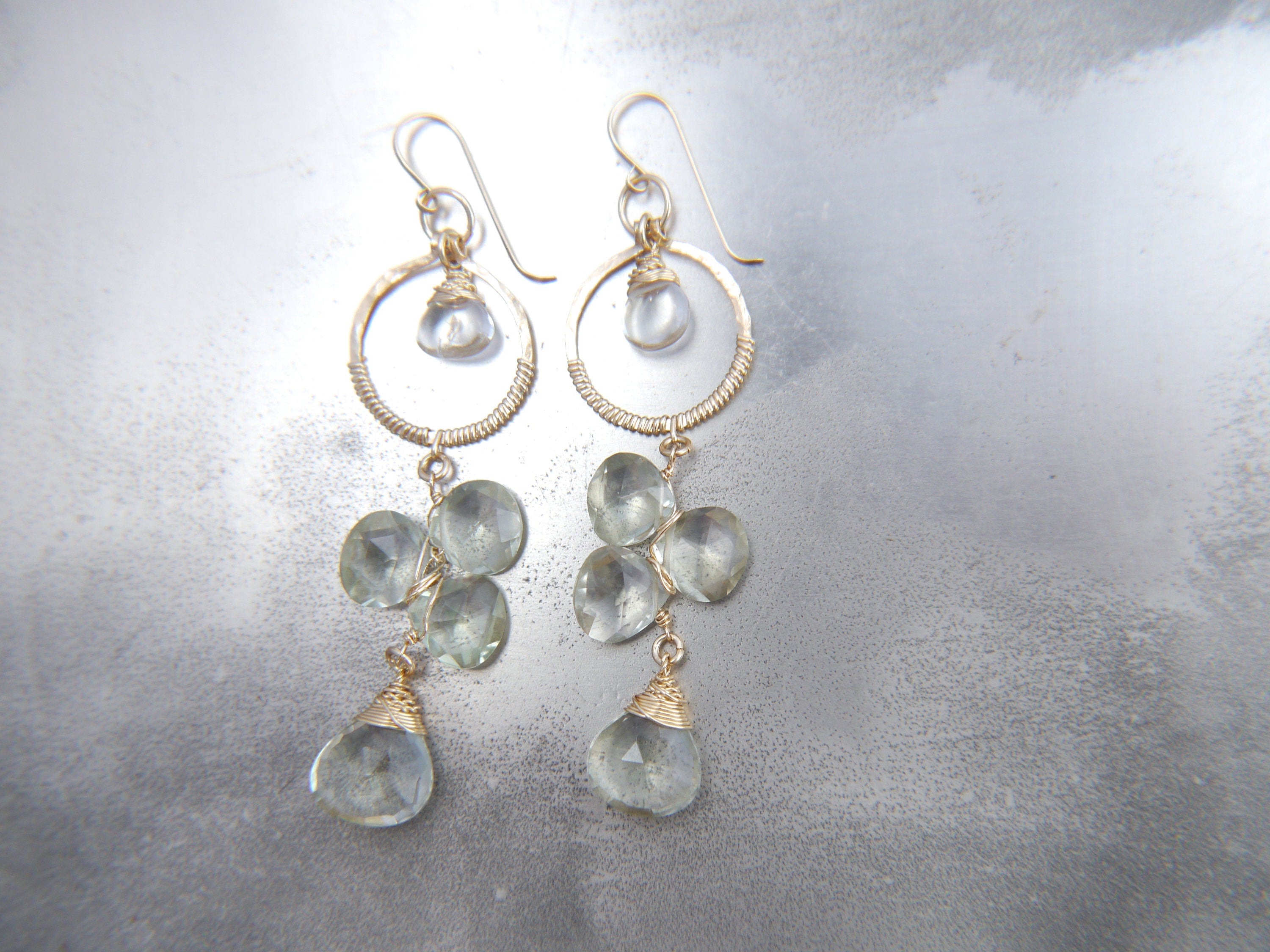 Green Amethyst Long Dangle Floral ChandelierGemstone Earrings, 14K Gold Filled Bridal