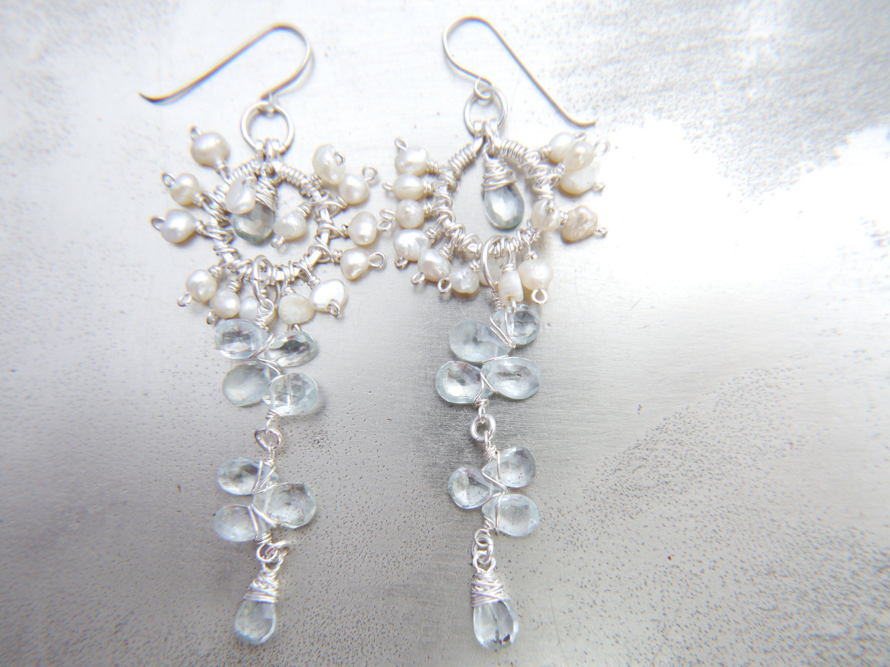 Aquamarine Pearl Long Dangle Chandelier Gemstone Earrings, Sterling Silverr Bridal Jewelry