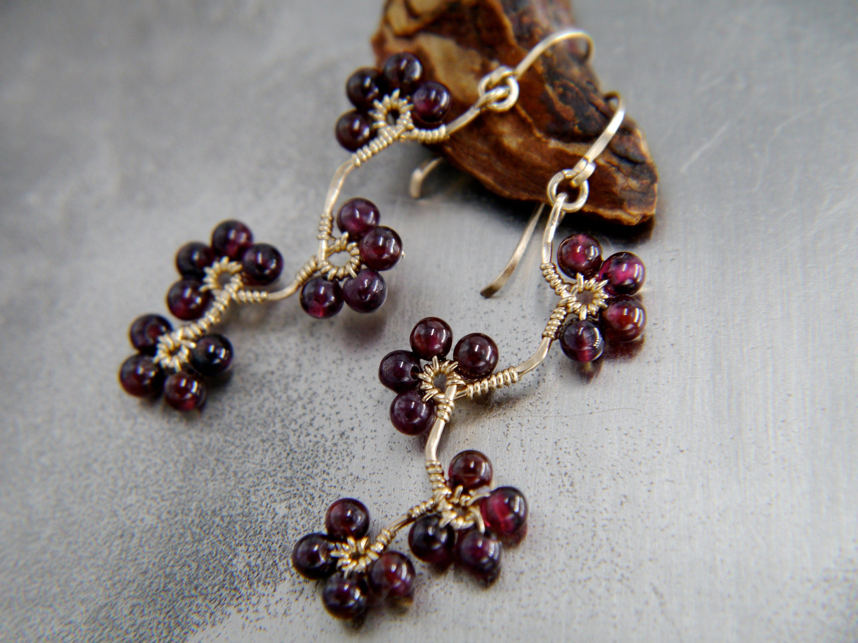 Garnet Floral Dangle Gemstone Earrings, 14K Gold Filled Artisan Heirloom