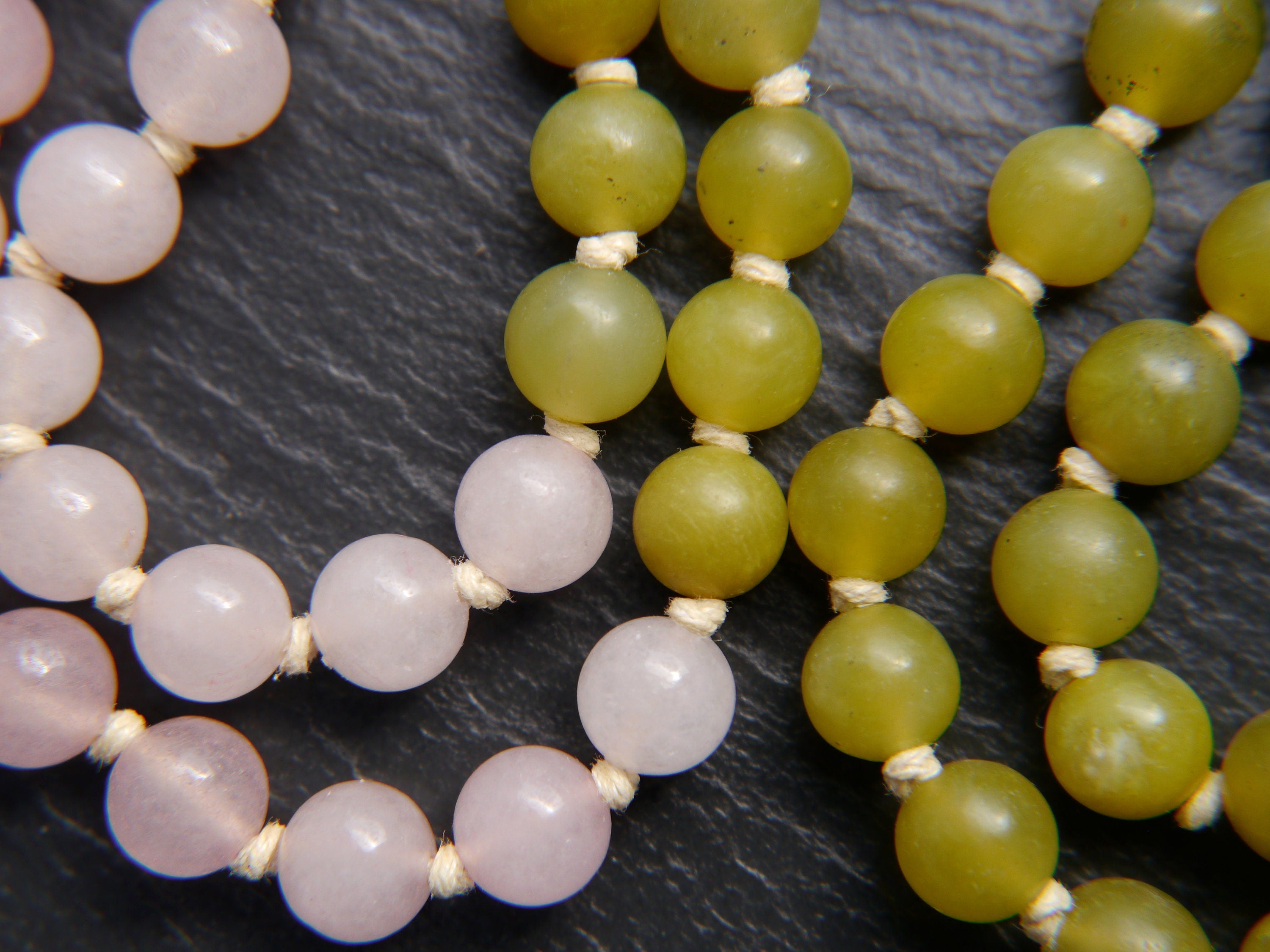 Rose Quartz Serpentine Mala Beads, 108 Gemstone Beads, Wrap, Hand Knotted