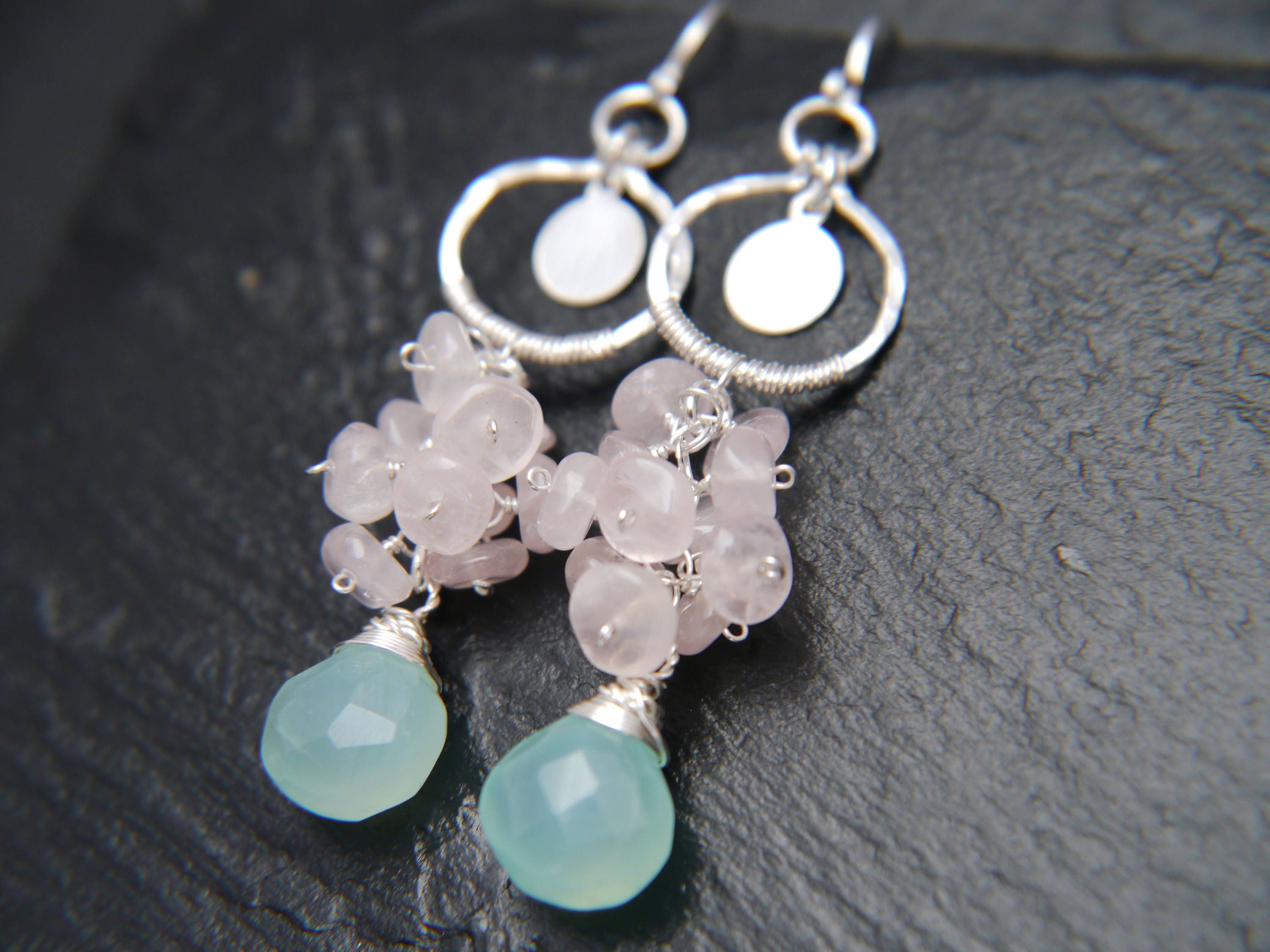 Aqua Chalcedony Rose Quartz Floral Cluster Long Dangle Gemstone Earrings, Sterling Silver