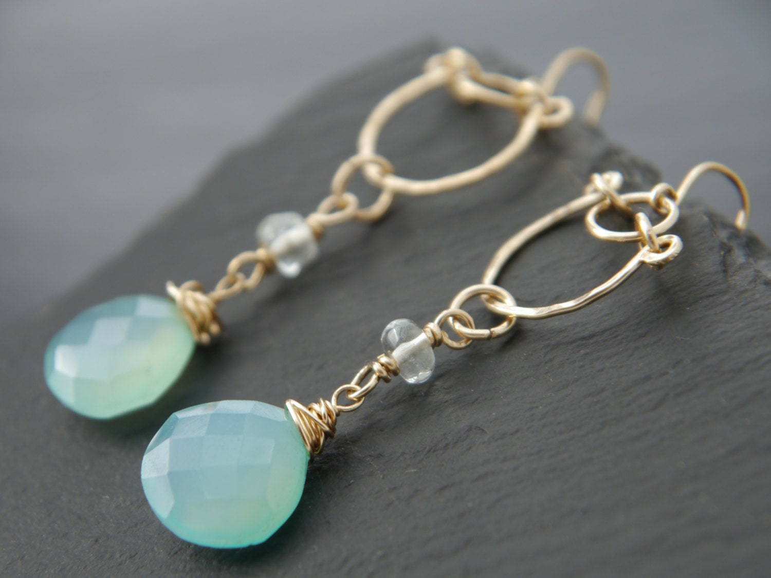 Aqua Chalcedony Heart Chandelier Gemstone Earrings, 14K Gold Filled Bohemian Wedding