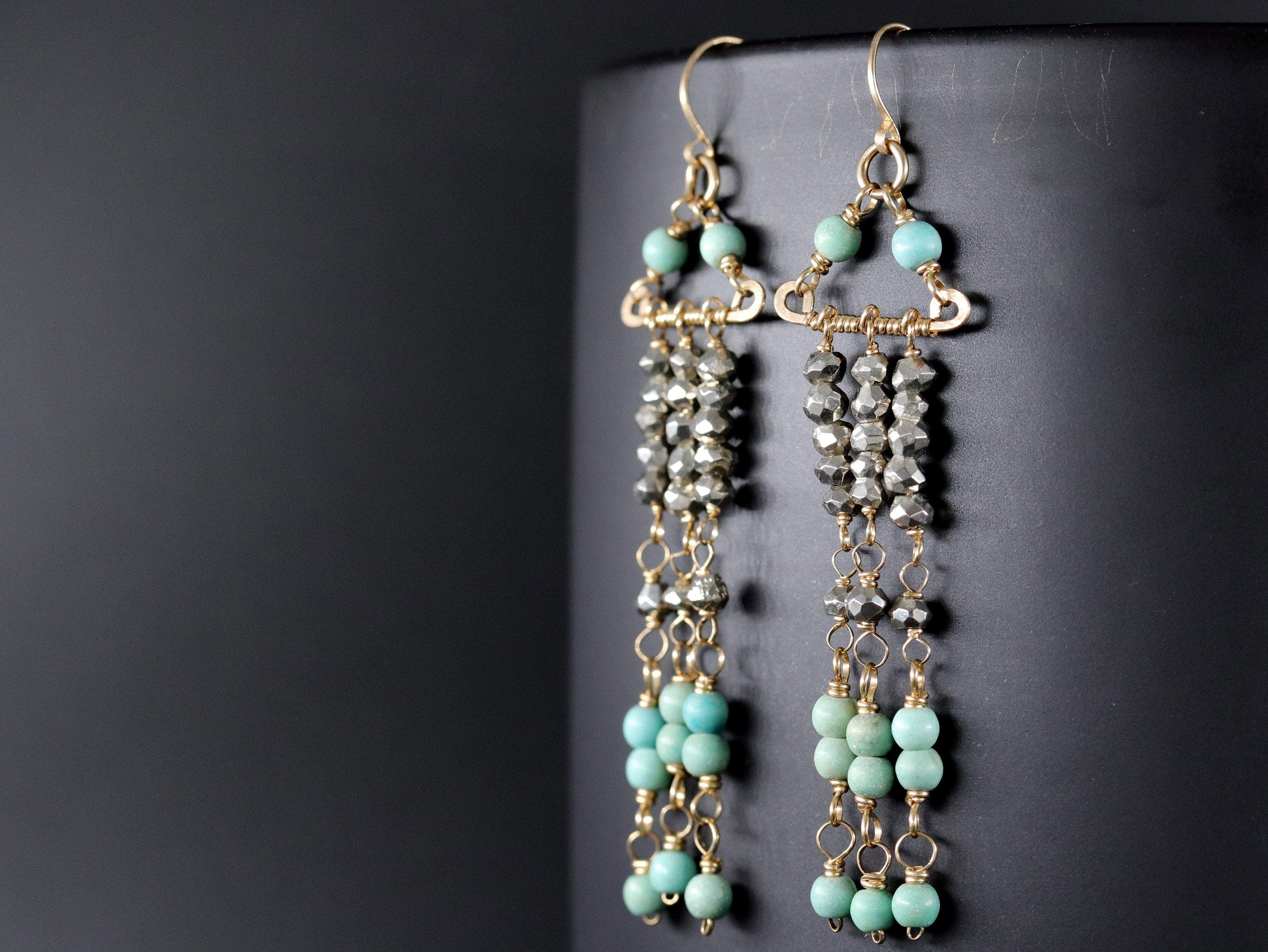 Turquoise Magnesite Pyrite Chandelier Gemstone Earrings, 14K Gold Filled