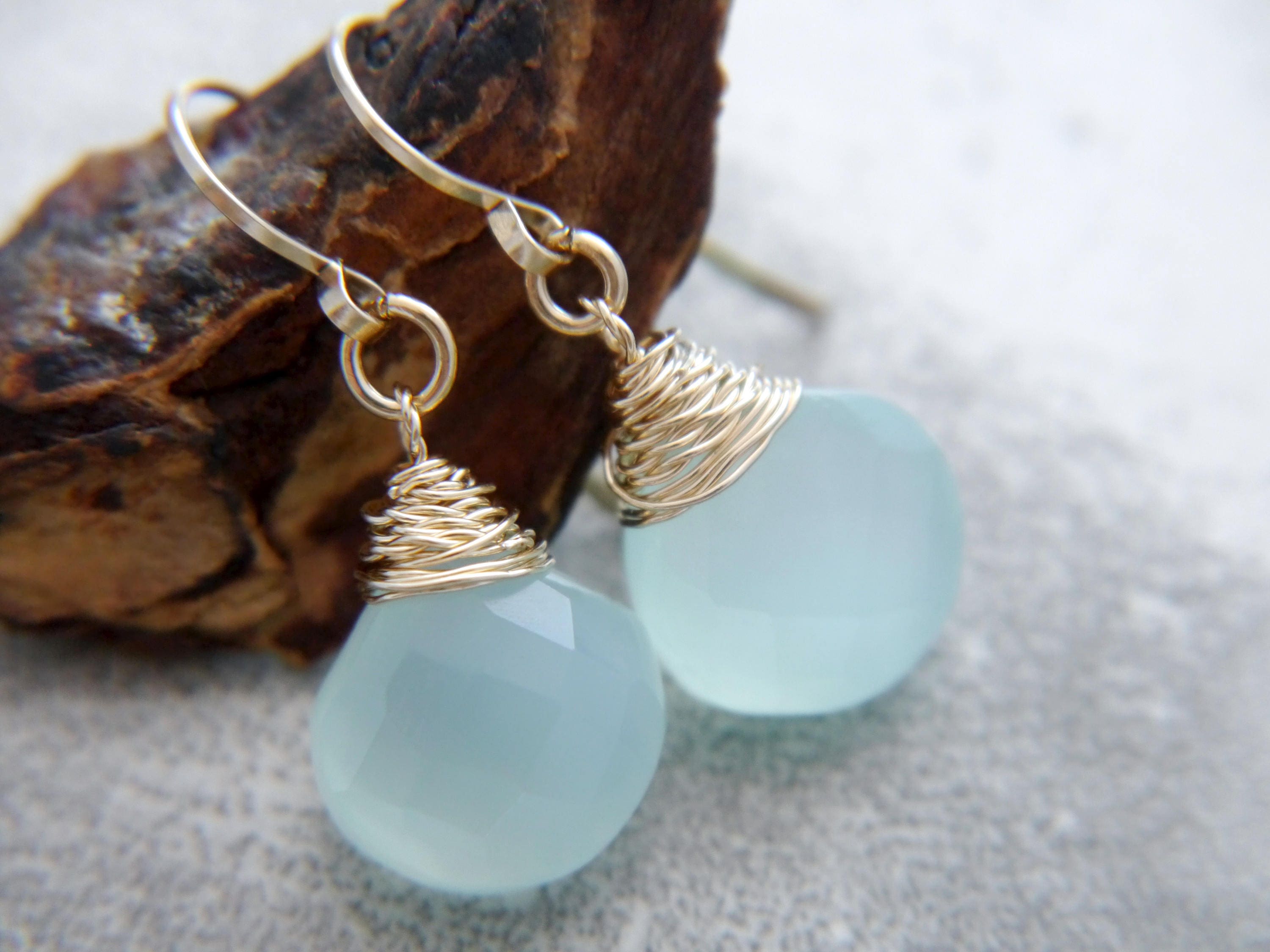 Blue Green Chalcedony Heart Briolette Teardrop Gemstone Earrings, 14K Gold Filled Bohemian Style