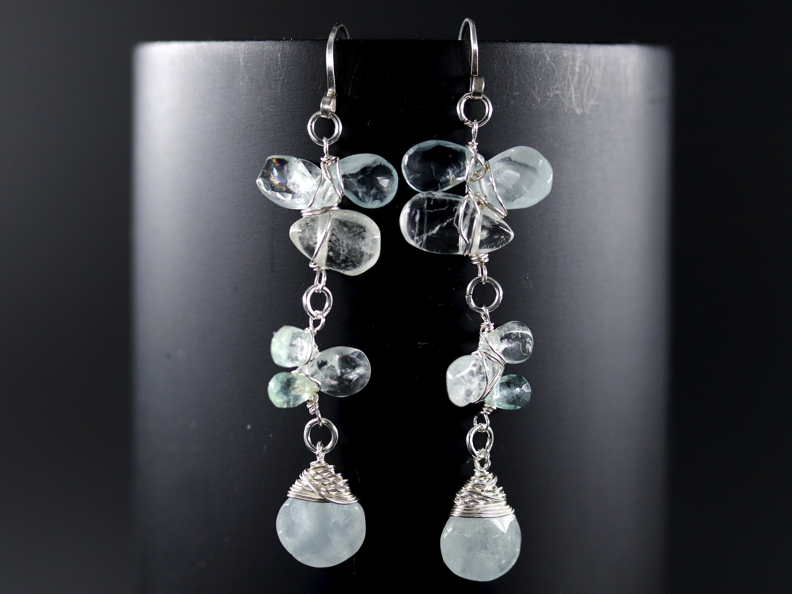 Aquamarine Long Dangle Floral Gemstone Earrings, Sterling Silver Wedding Jewelry