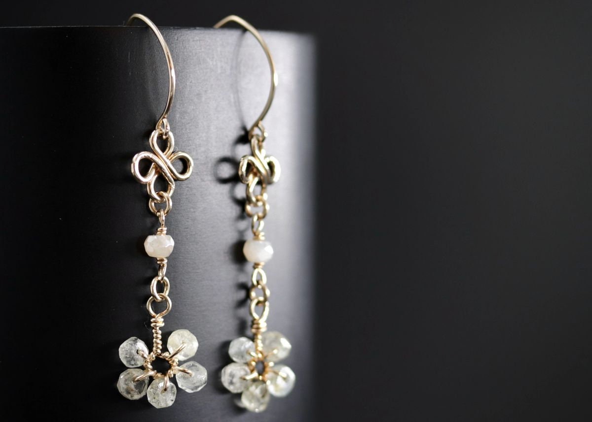 Moss Aquamarine Moonstone Long Dangle Floral Gemstone Earrings, 14K Gold Filled Bridal