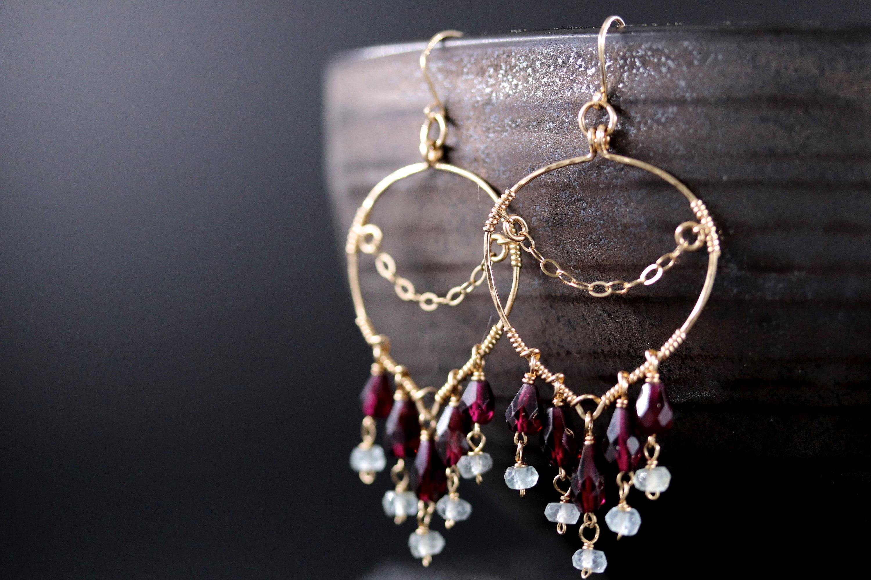 Garnet Aquamarine Fringe Earrings, 14K Gold Filled Long Dangle, Boho Statement