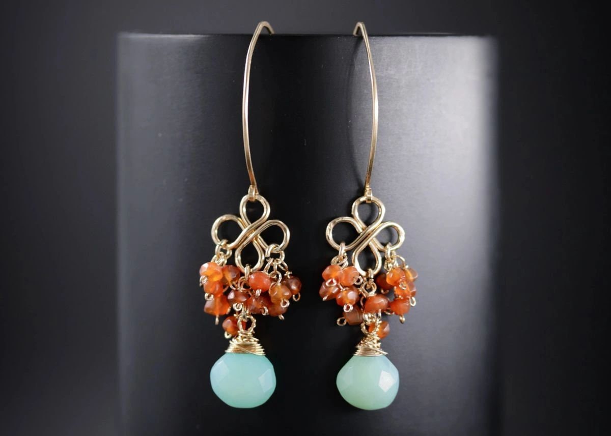Aqua Chalcedony Carnelian Cluster Earrings, 14K Gold Filled Briolette Dangle, Artisan Jewelry