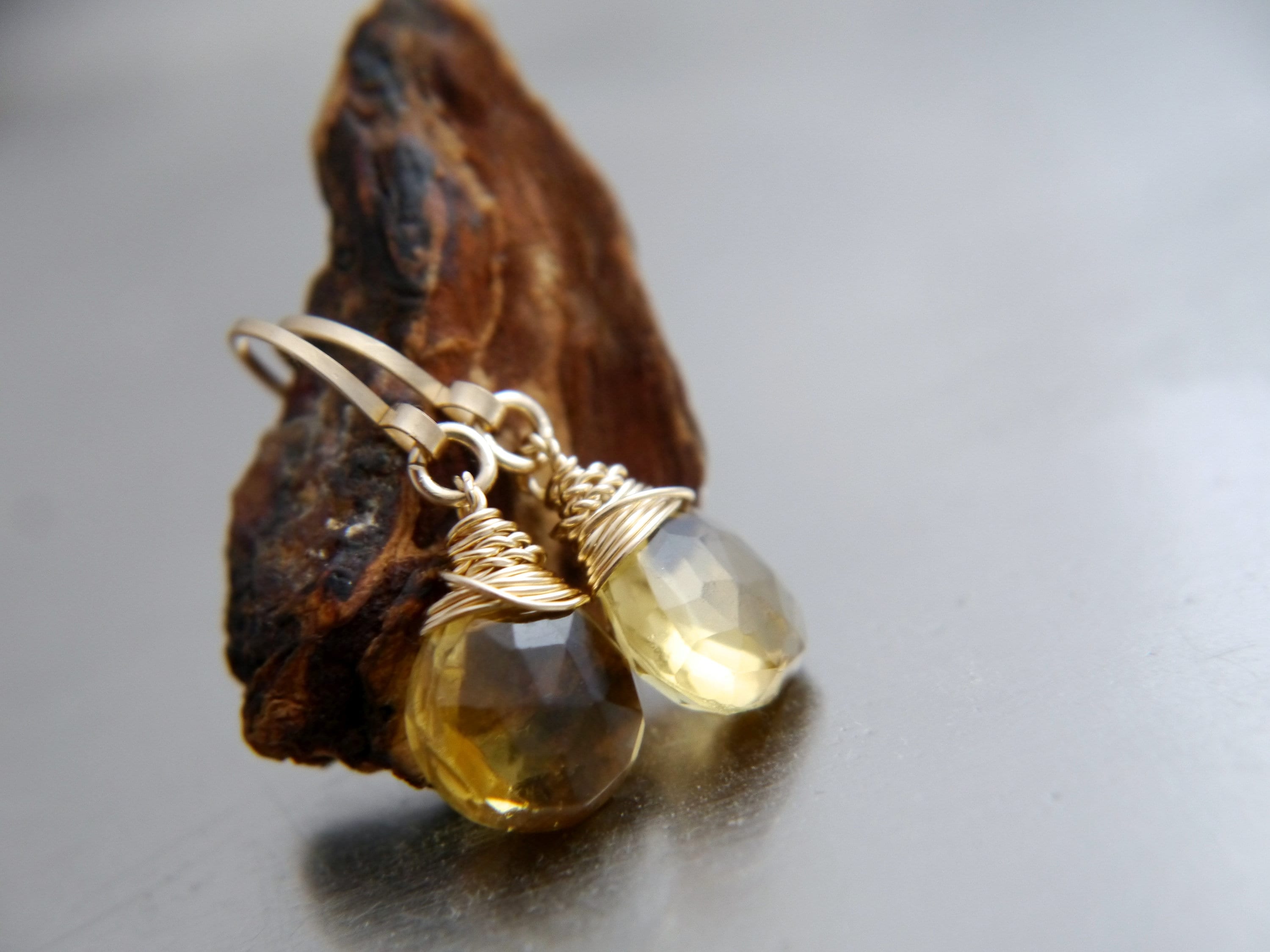 Beer Quartz Drop Earrings, Gold Filled Wire Wrapped Gemstone Wedding Bride