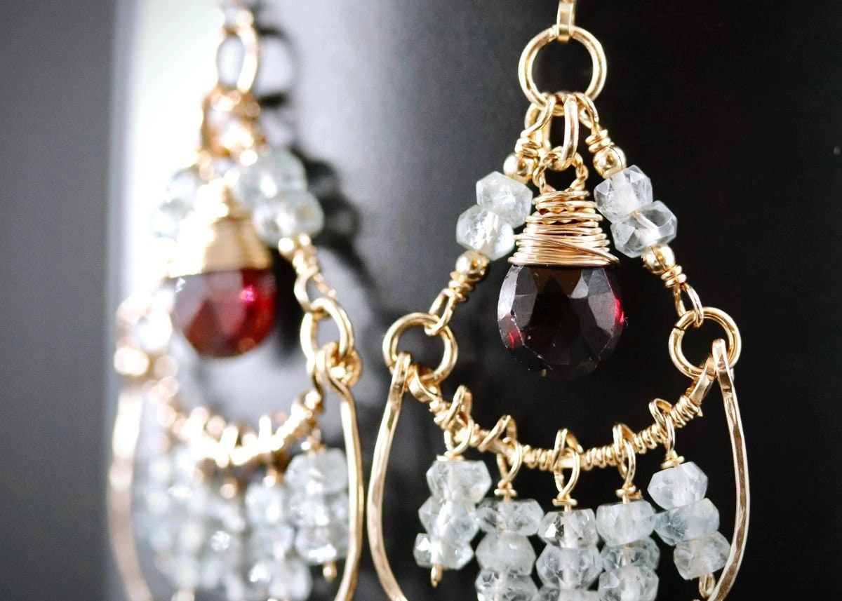 Garnet Aquamarine Fringe Chandelier Gemstone Earrings, 14K Gold Filled Bohemian Jewelry
