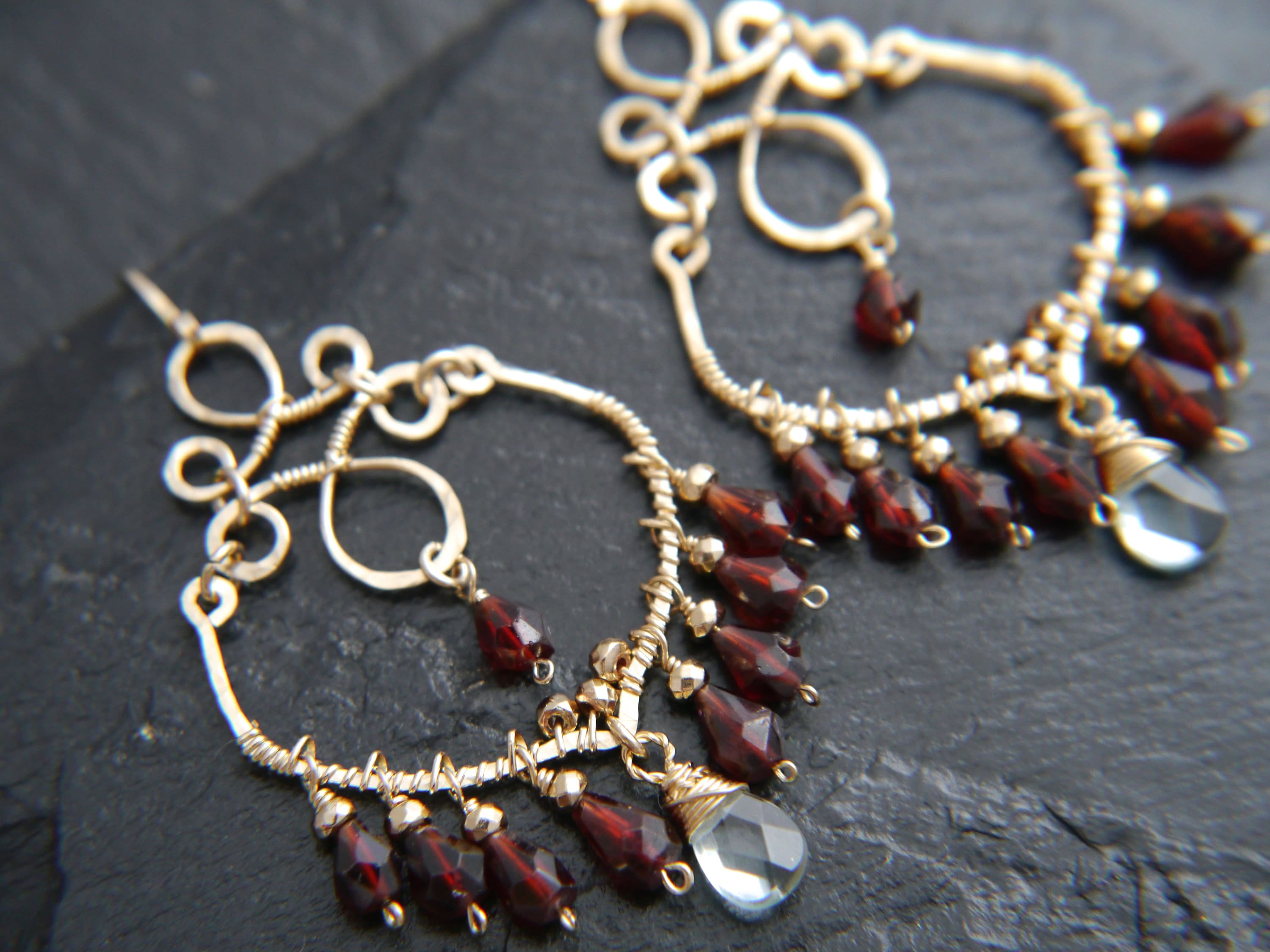 Garnet Aquamarine Boho Chandelier Earrings, 14K Gold Filled Fringe Dangle, Statement Jewelry