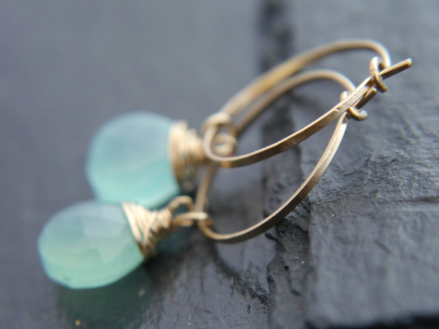 Aqua Chalcedony Heart Briolette Hoop Gemstone Earrings, 14K Gold Filled Classic