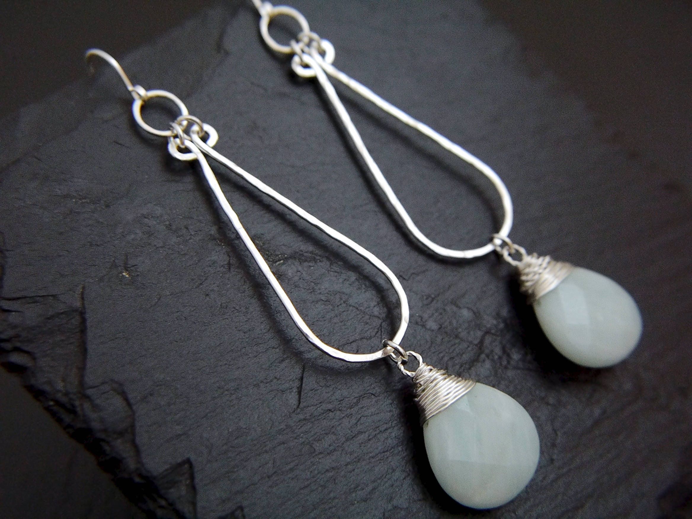 Aqua Amazonite Long Teardrop Hoop Gemstone Earrings, Sterling Silver