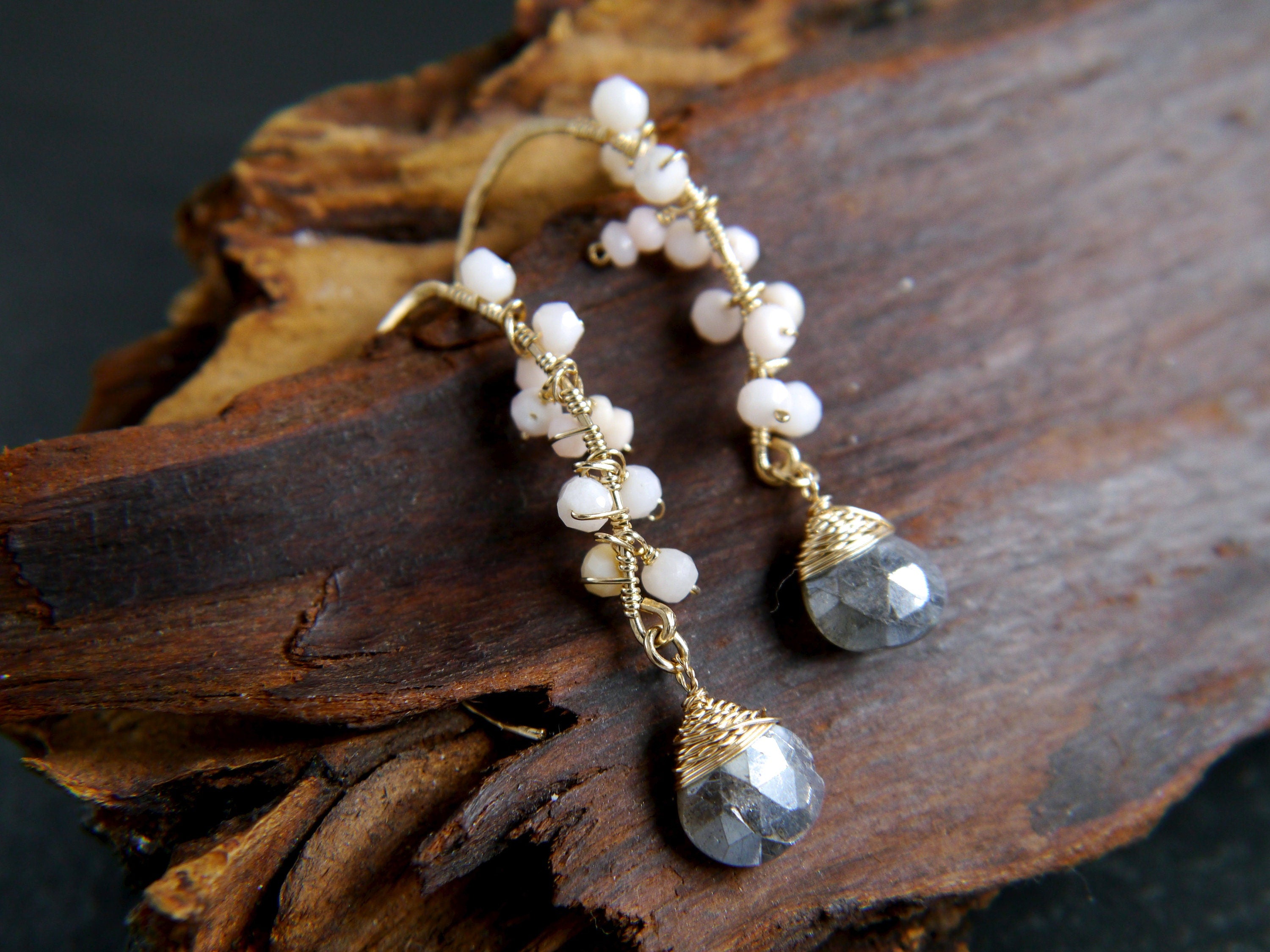 Labradorite Pink Opal Floral Hoop Gemstone Earrings, 14K Gold Filled Bohemian Jewelry