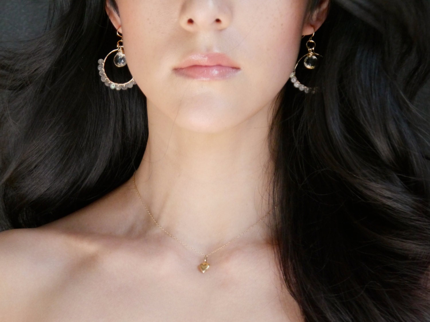 Labradorite Green Amethyst Hoop Gemstone Earrings, 14K Gold Filled Bohemian Style