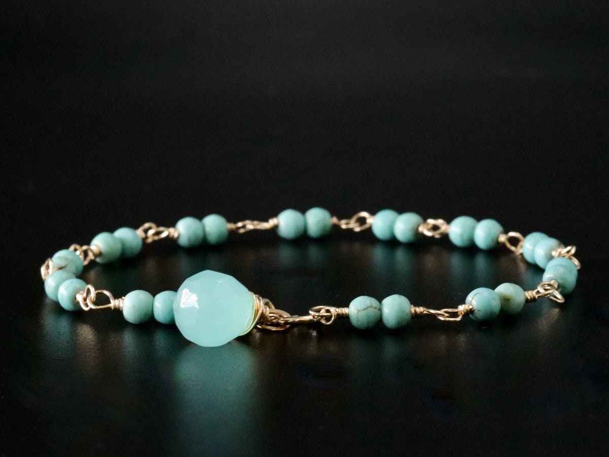 Turquoise Magnesite Aqua Chalcedony Gemstone Bracelet, 14K Gold Filled Rosary Chain, Beading