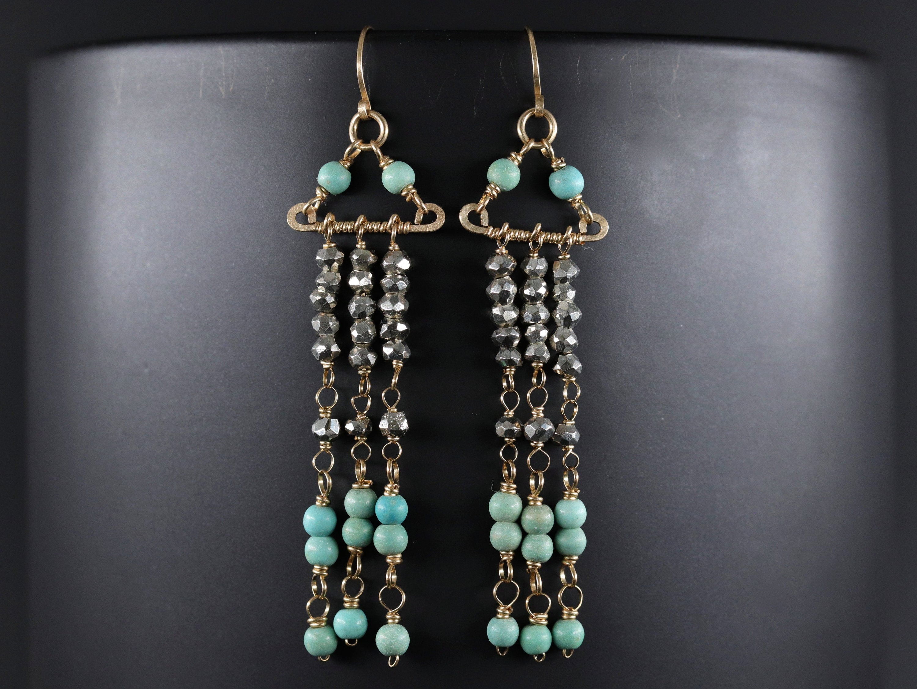 Turquoise Magnesite Pyrite Chandelier Gemstone Earrings, 14K Gold Filled