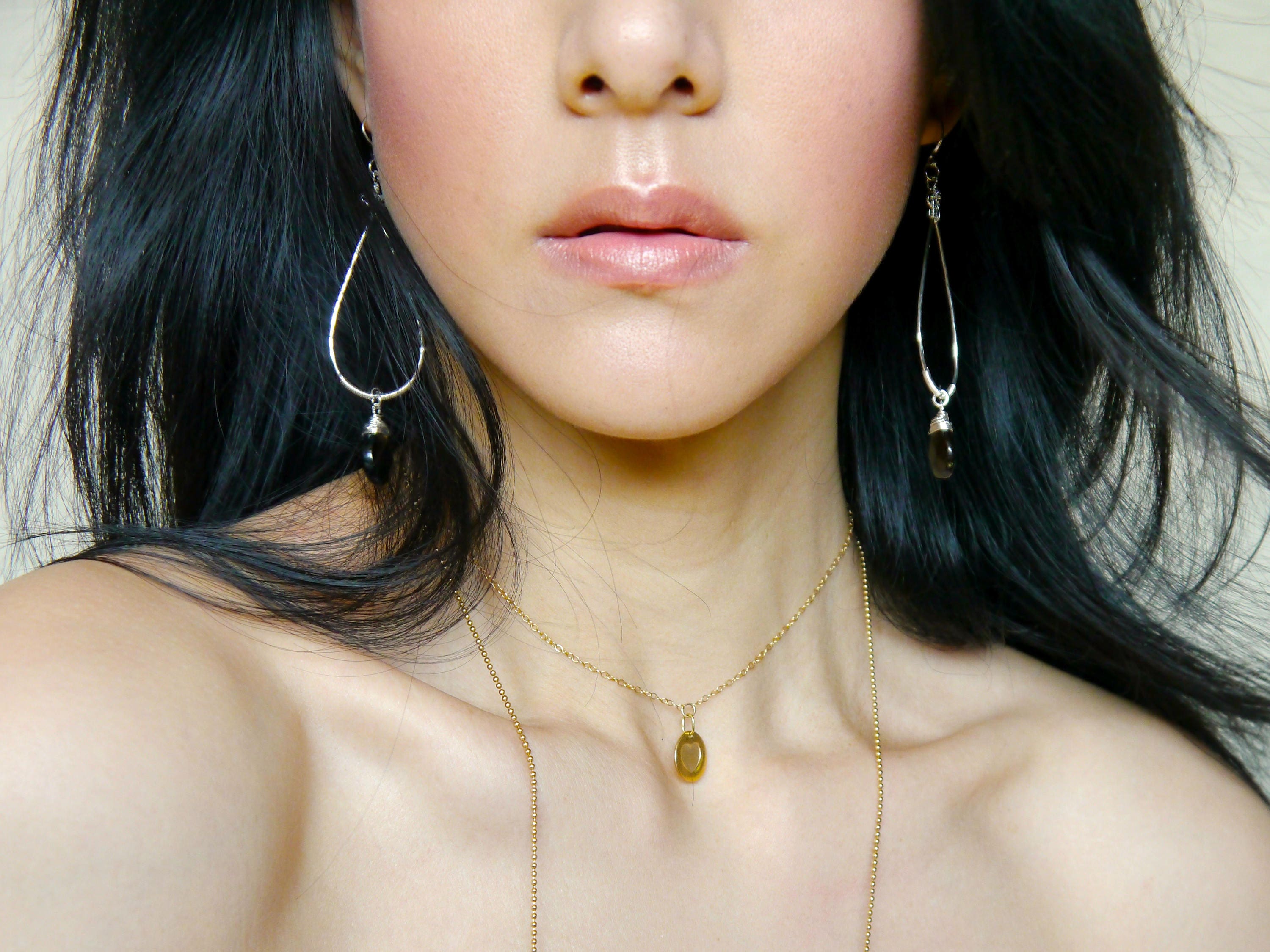 Smokey Quartz Wire Wrapped Teardrop Hoop Gemstone Earrings, Sterling Silver
