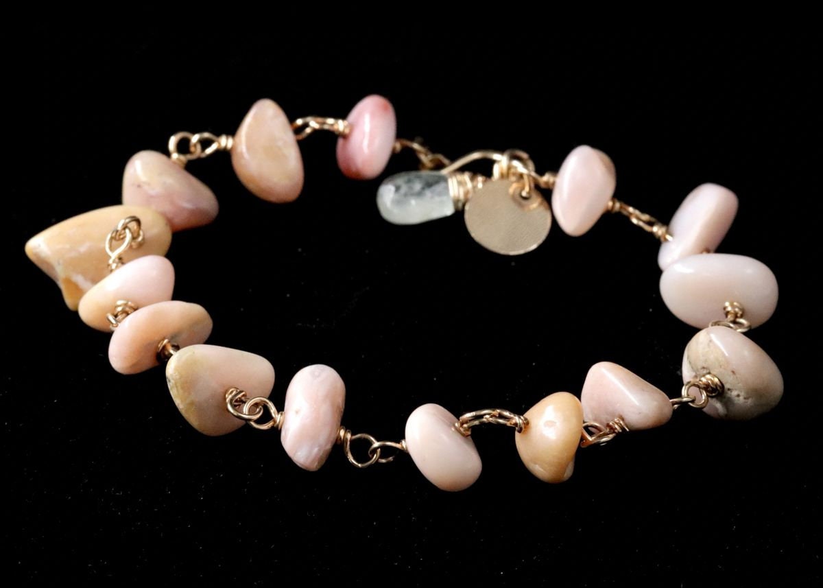 Pink Opal Aquamarine 14K Gold Filled Gemstone Bracelet, Pastel Beaded Jewelry