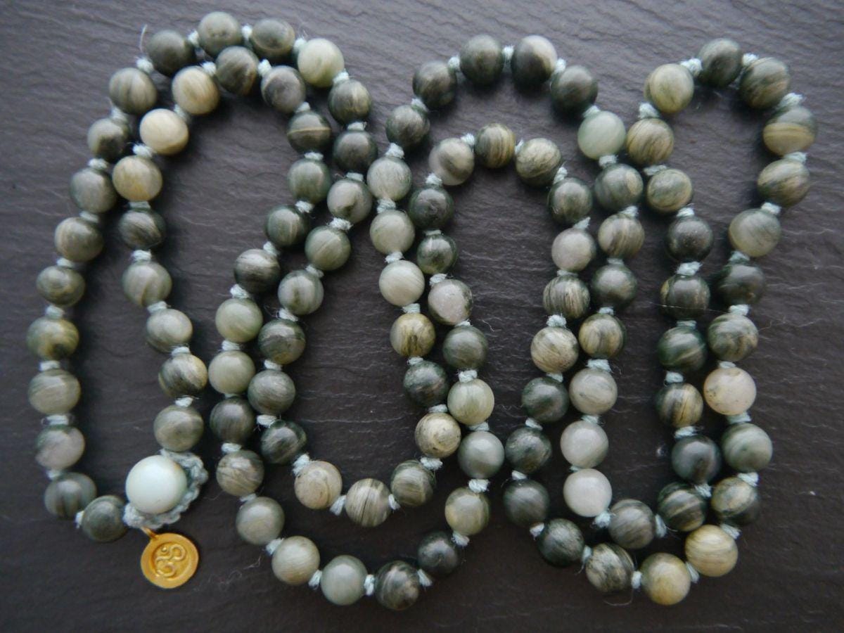 Deep Green Line Jasper108 Mala Bead , Wrap, Hand Knotted Tibetan Prayer Beads