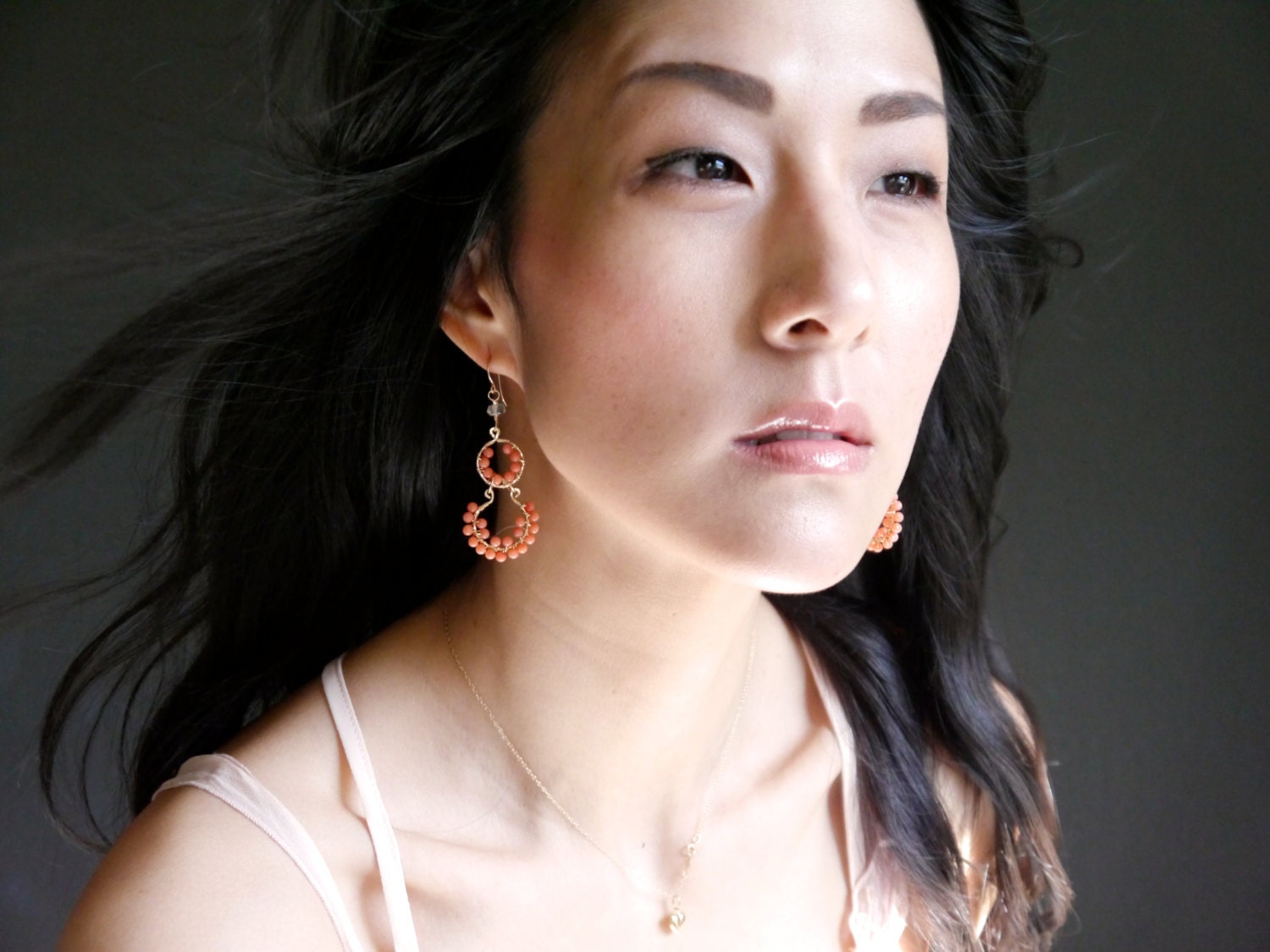 Salmon Pink Coral Hoop Gemstone Earrings, 14K Gold Filled Bohemian Style